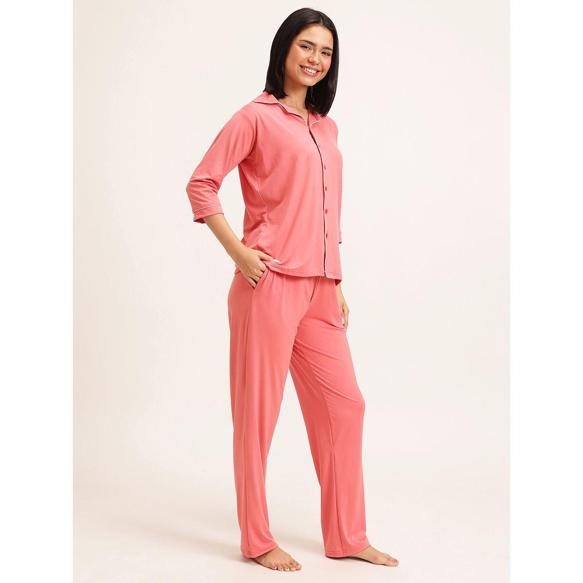 طقم بيجاما من بنطال وبلوزة سادة بأكمام 3/4-women-clothing-nightwear-pyjamas-longsets-image-6