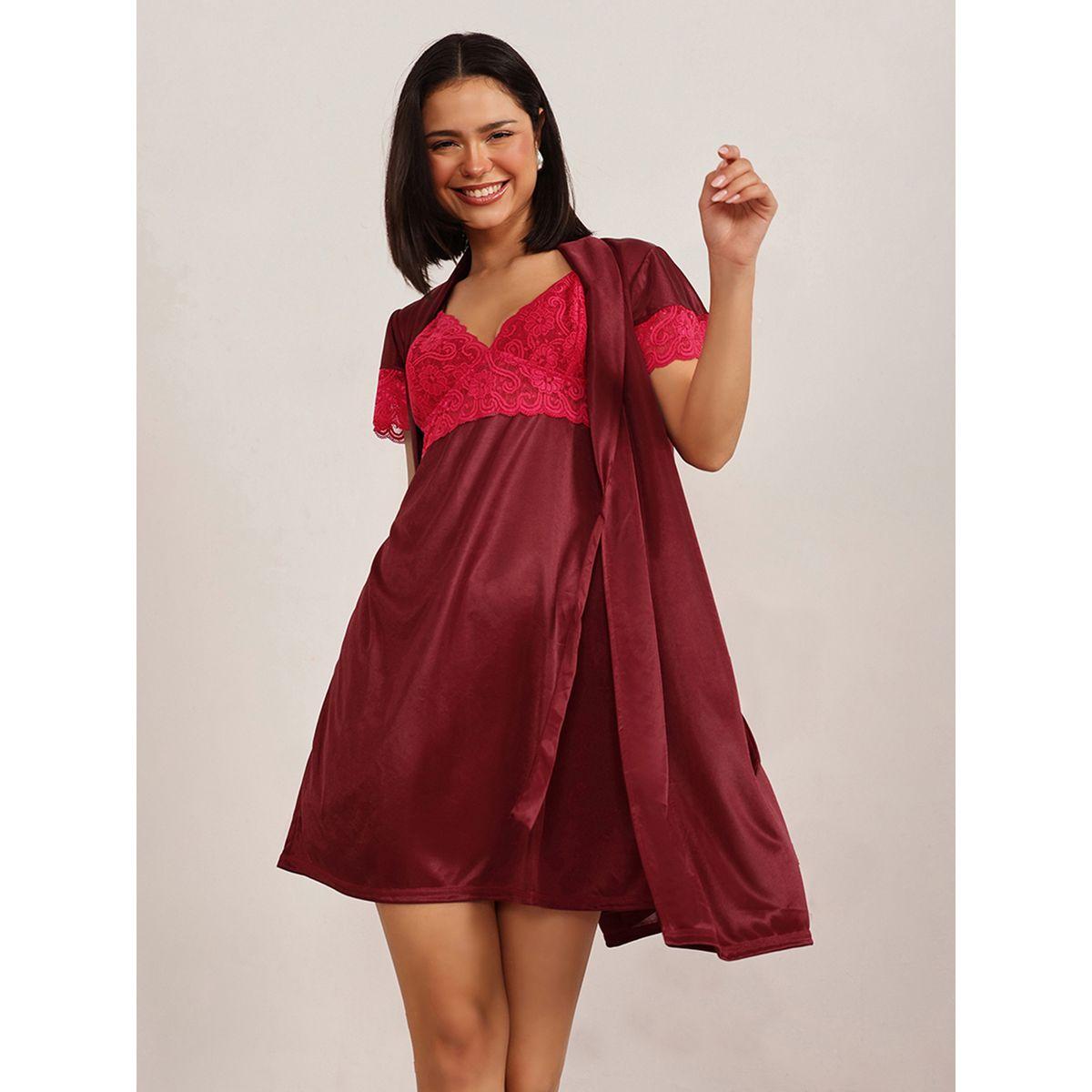 مجموعة من قميص نوم مع روب ساتان بدانتيل-women-clothing-nightwear-robes-image-1