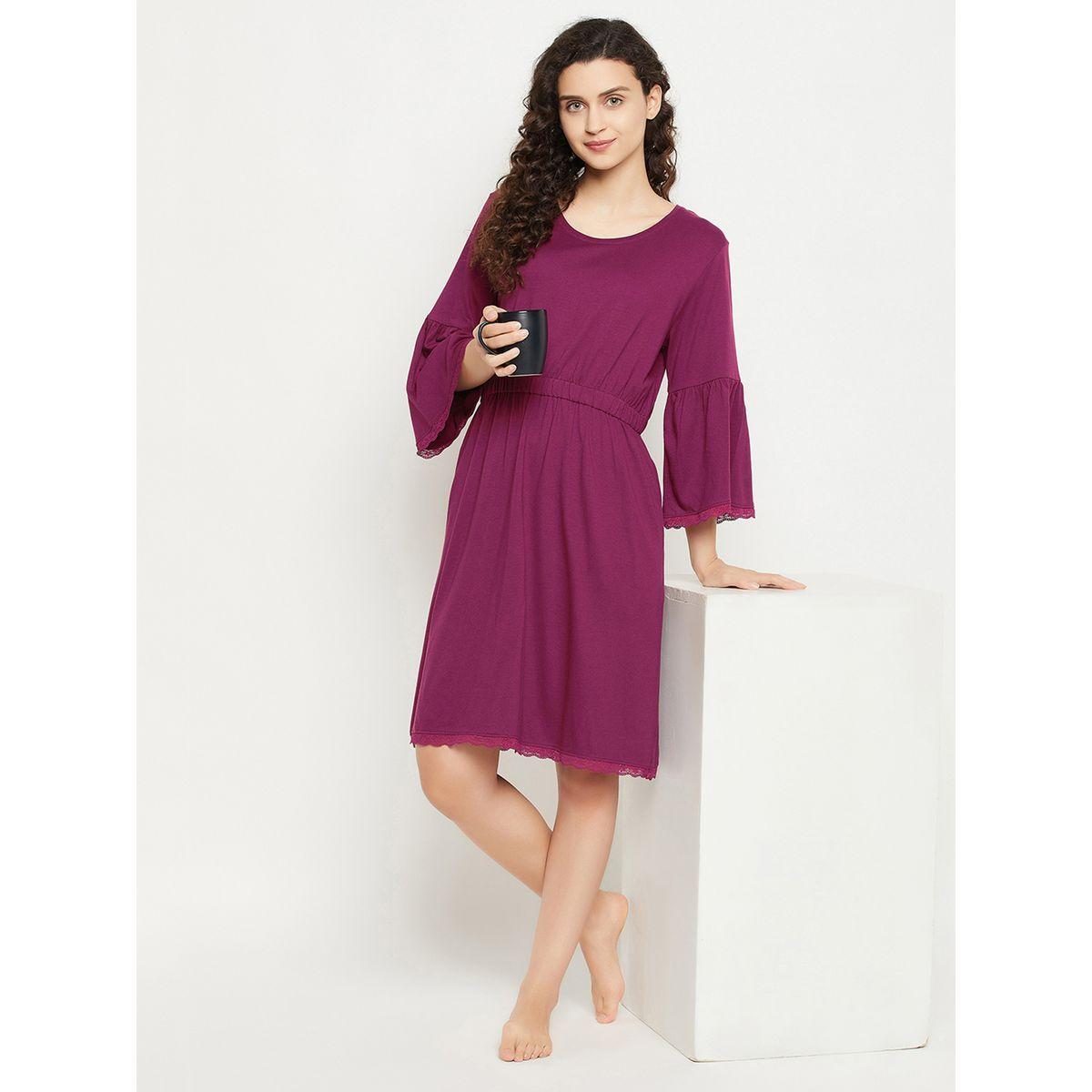 Clovia Solid Bell Sleeves Nightdress with Lace Trim-women-clothing-nightwear-nighties-image-1