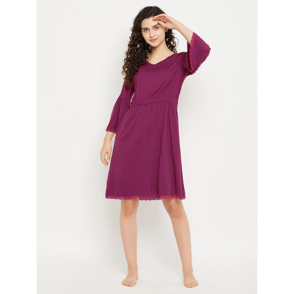 Clovia Solid Bell Sleeves Nightdress with Lace Trim-women-clothing-nightwear-nighties-image-2