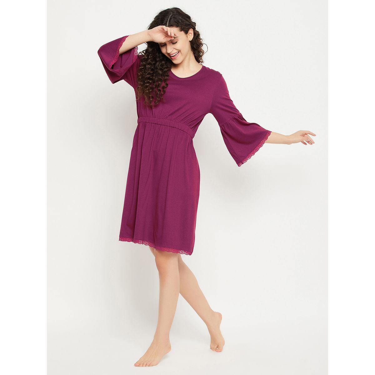 Clovia Solid Bell Sleeves Nightdress with Lace Trim-women-clothing-nightwear-nighties-image-3