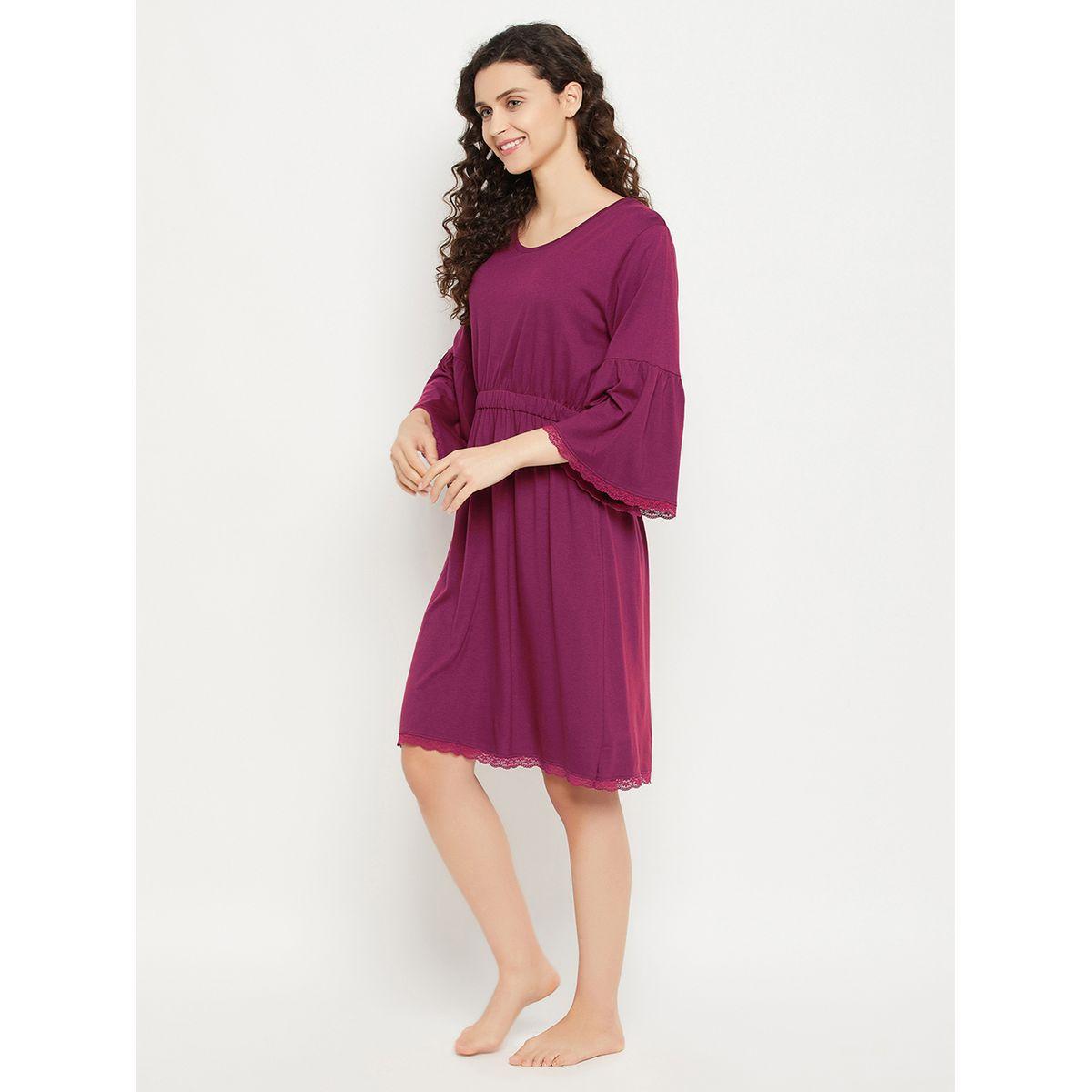 Clovia Solid Bell Sleeves Nightdress with Lace Trim-women-clothing-nightwear-nighties-image-4