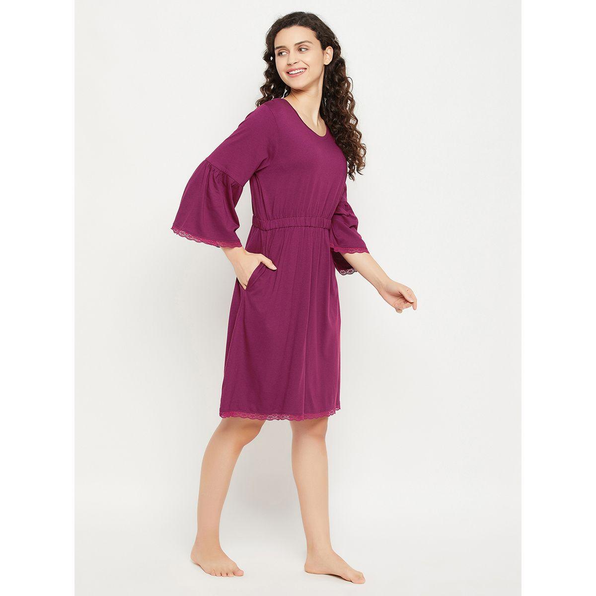 Clovia Solid Bell Sleeves Nightdress with Lace Trim-women-clothing-nightwear-nighties-image-5