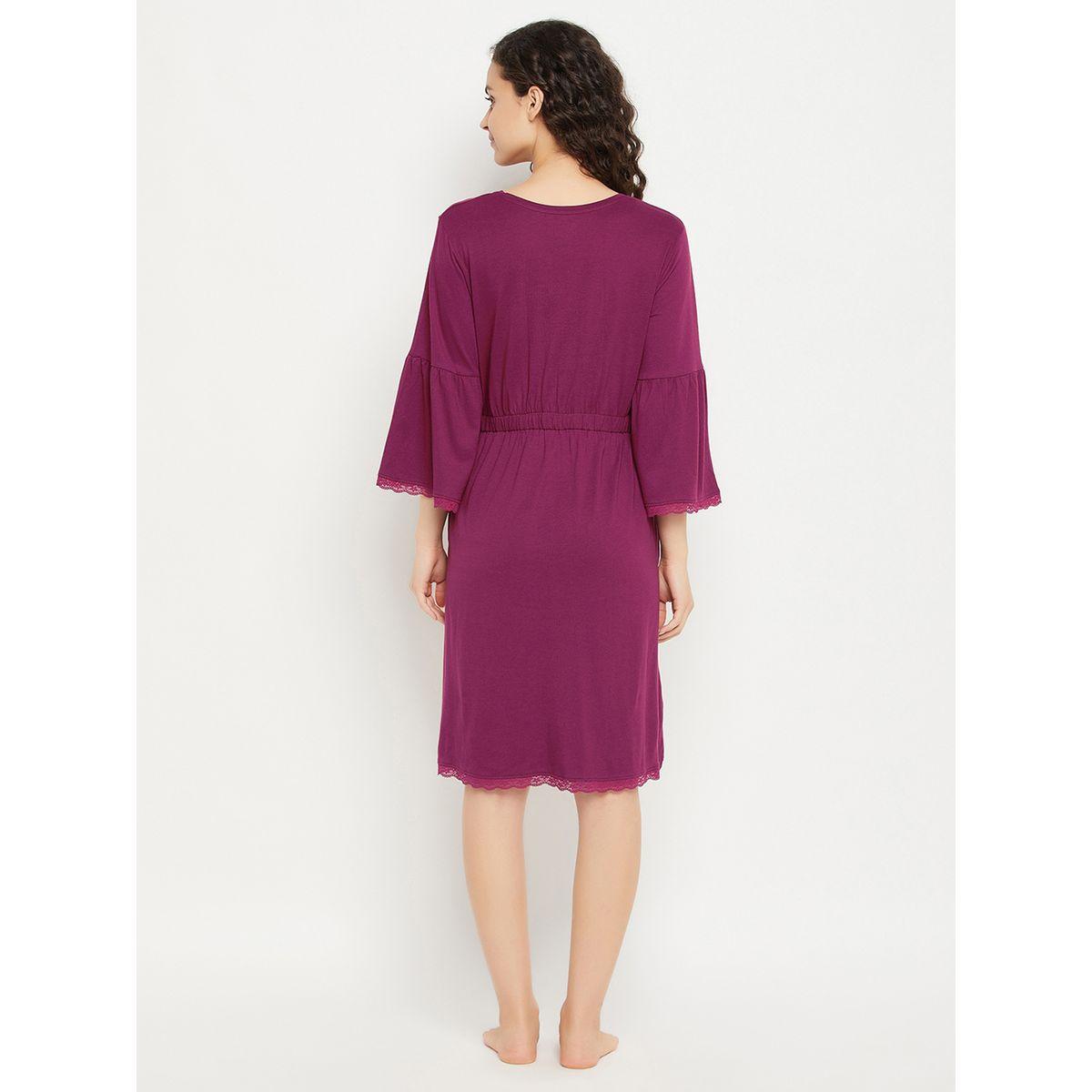 Clovia Solid Bell Sleeves Nightdress with Lace Trim-women-clothing-nightwear-nighties-image-6