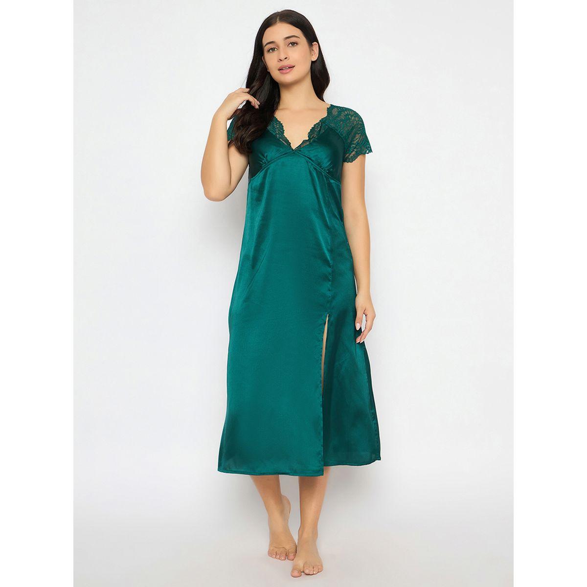 Clovia Solid Padded V Neck Satin Nightdress with Lace Insert-women-clothing-nightwear-nighties-image-1