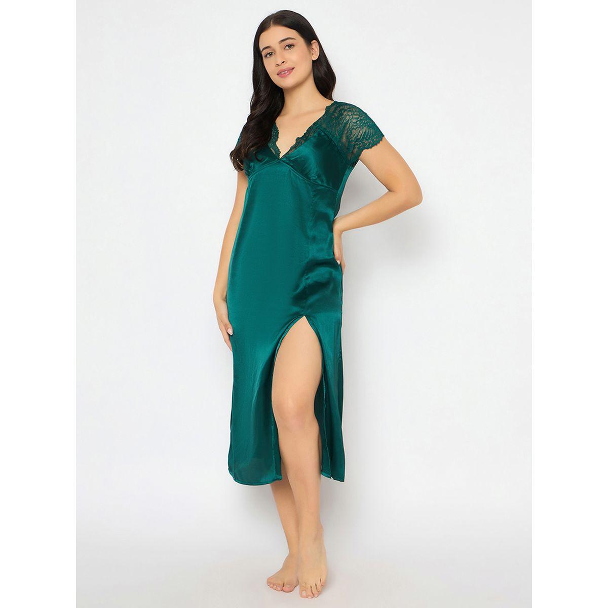 Clovia Solid Padded V Neck Satin Nightdress with Lace Insert-women-clothing-nightwear-nighties-image-2