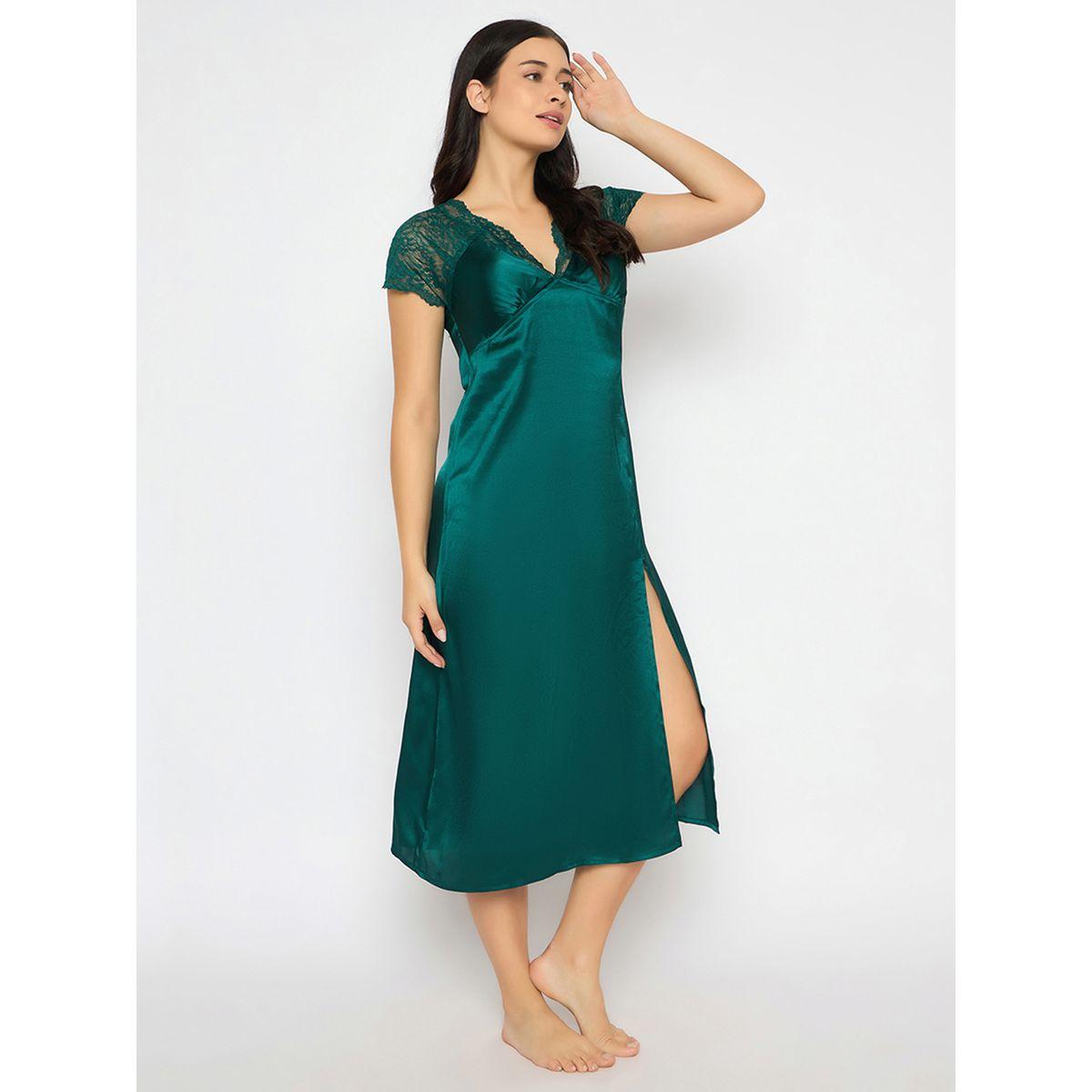 Clovia Solid Padded V Neck Satin Nightdress with Lace Insert-women-clothing-nightwear-nighties-image-4
