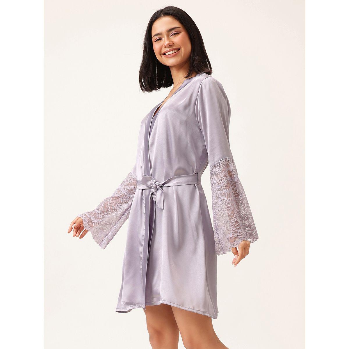 Clovia Solid Lace Detail Long Sleeve Satin Robe with Waist Tie-women-clothing-nightwear-robes-image-1