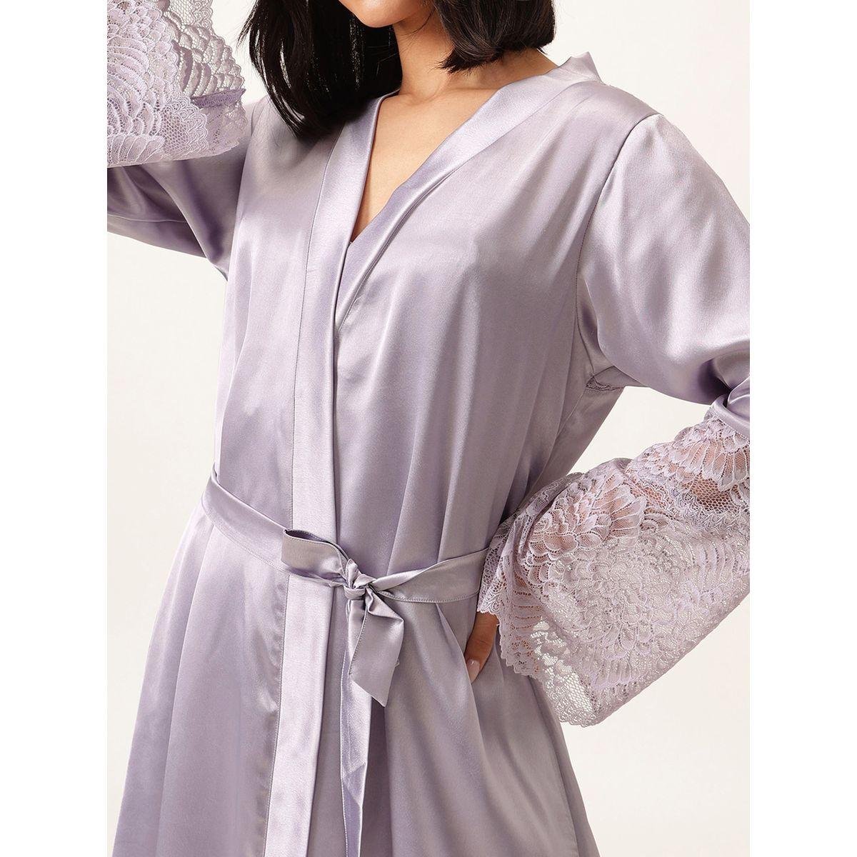 روب ساتان سادة بدانتيل وأكمام طويلة مع رباط خصر-women-clothing-nightwear-robes-image-2