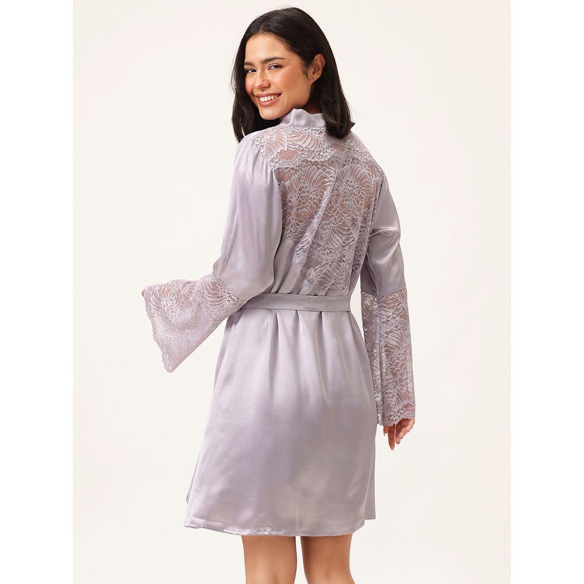 Clovia Solid Lace Detail Long Sleeve Satin Robe with Waist Tie-women-clothing-nightwear-robes-image-3