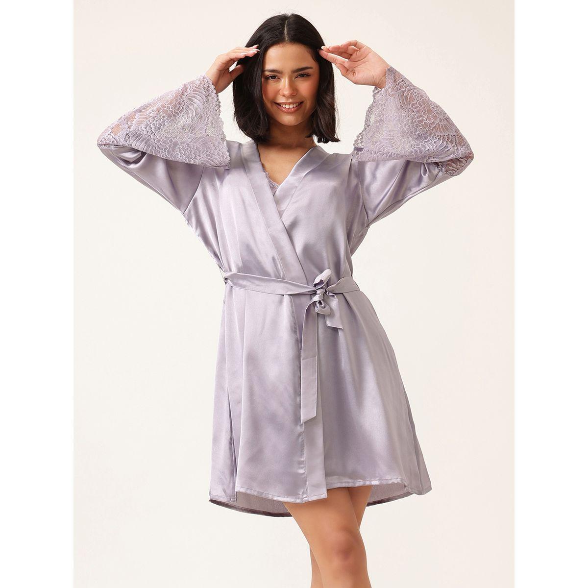 Clovia Solid Lace Detail Long Sleeve Satin Robe with Waist Tie-women-clothing-nightwear-robes-image-4