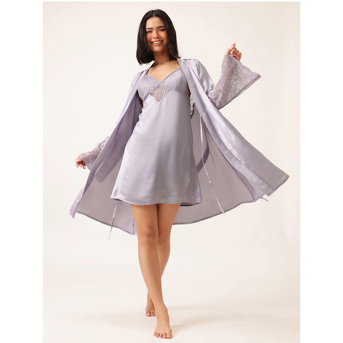 روب ساتان سادة بدانتيل وأكمام طويلة مع رباط خصر-women-clothing-nightwear-robes-image-5