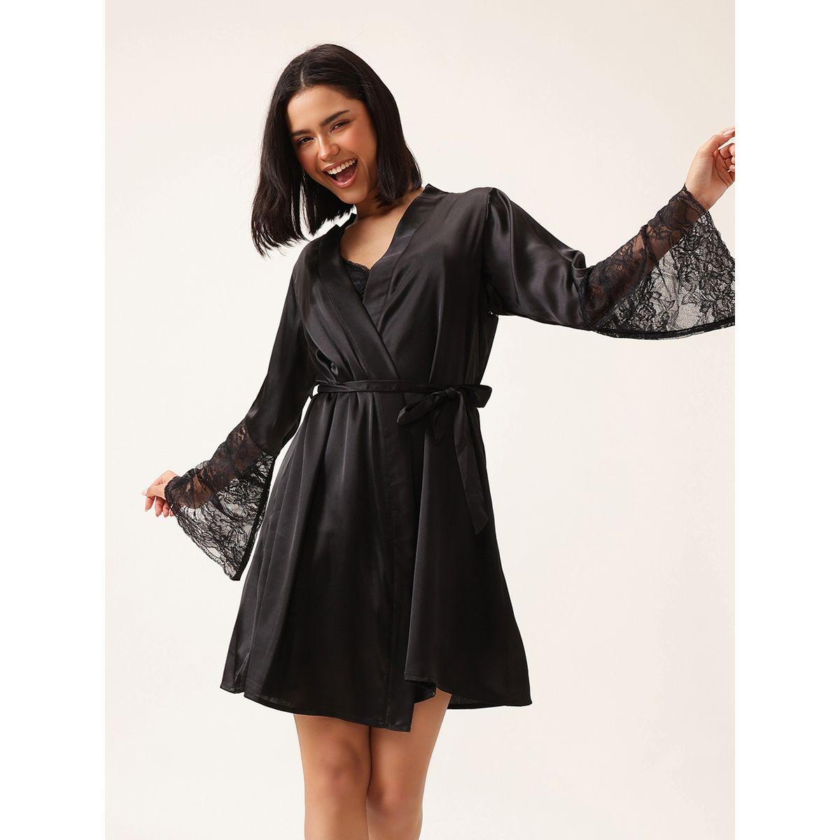 Clovia Solid Lace Detail Long Sleeve Satin Robe with Waist Tie-women-clothing-nightwear-robes-image-2