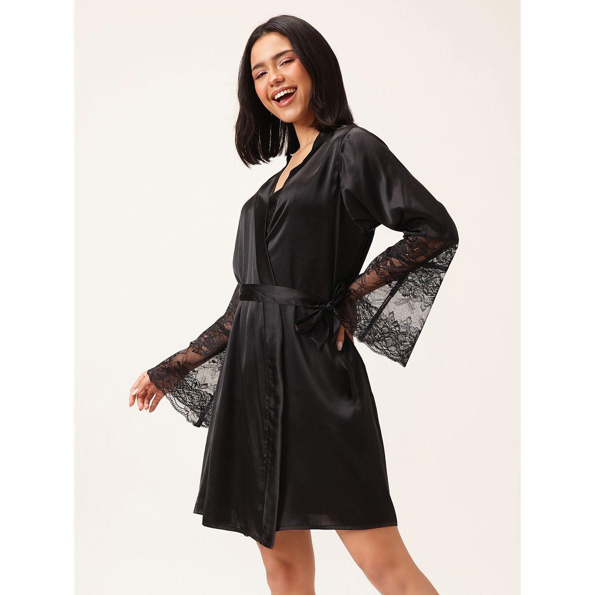 Clovia Solid Lace Detail Long Sleeve Satin Robe with Waist Tie-women-clothing-nightwear-robes-image-4