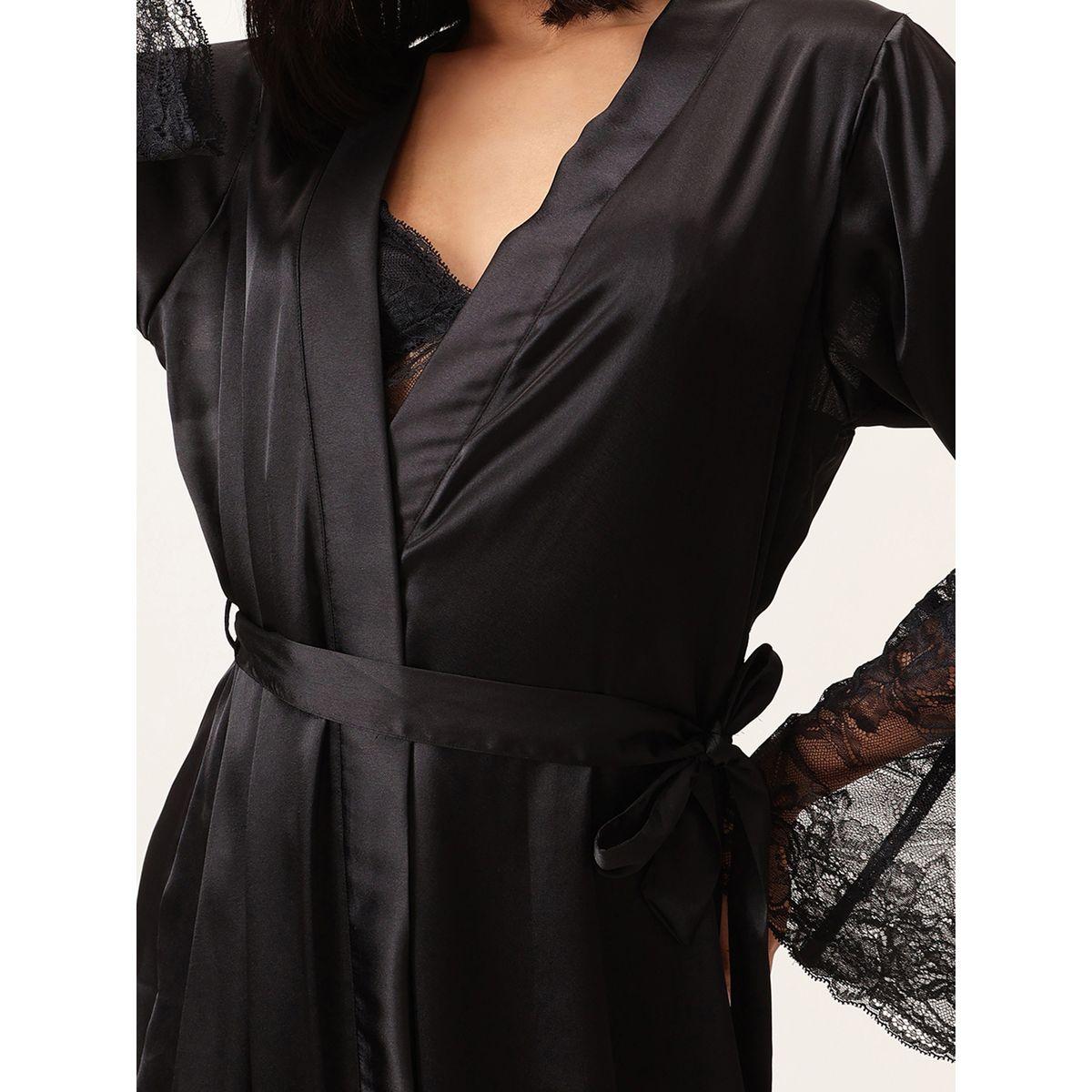 Clovia Solid Lace Detail Long Sleeve Satin Robe with Waist Tie-women-clothing-nightwear-robes-image-5