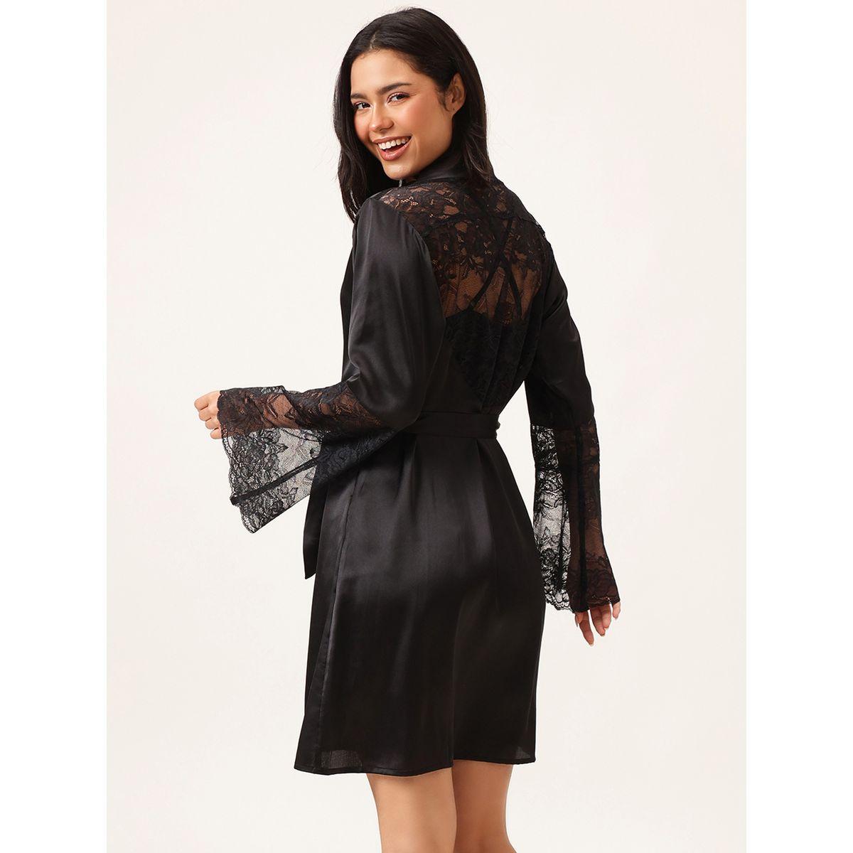 Clovia Solid Lace Detail Long Sleeve Satin Robe with Waist Tie-women-clothing-nightwear-robes-image-6