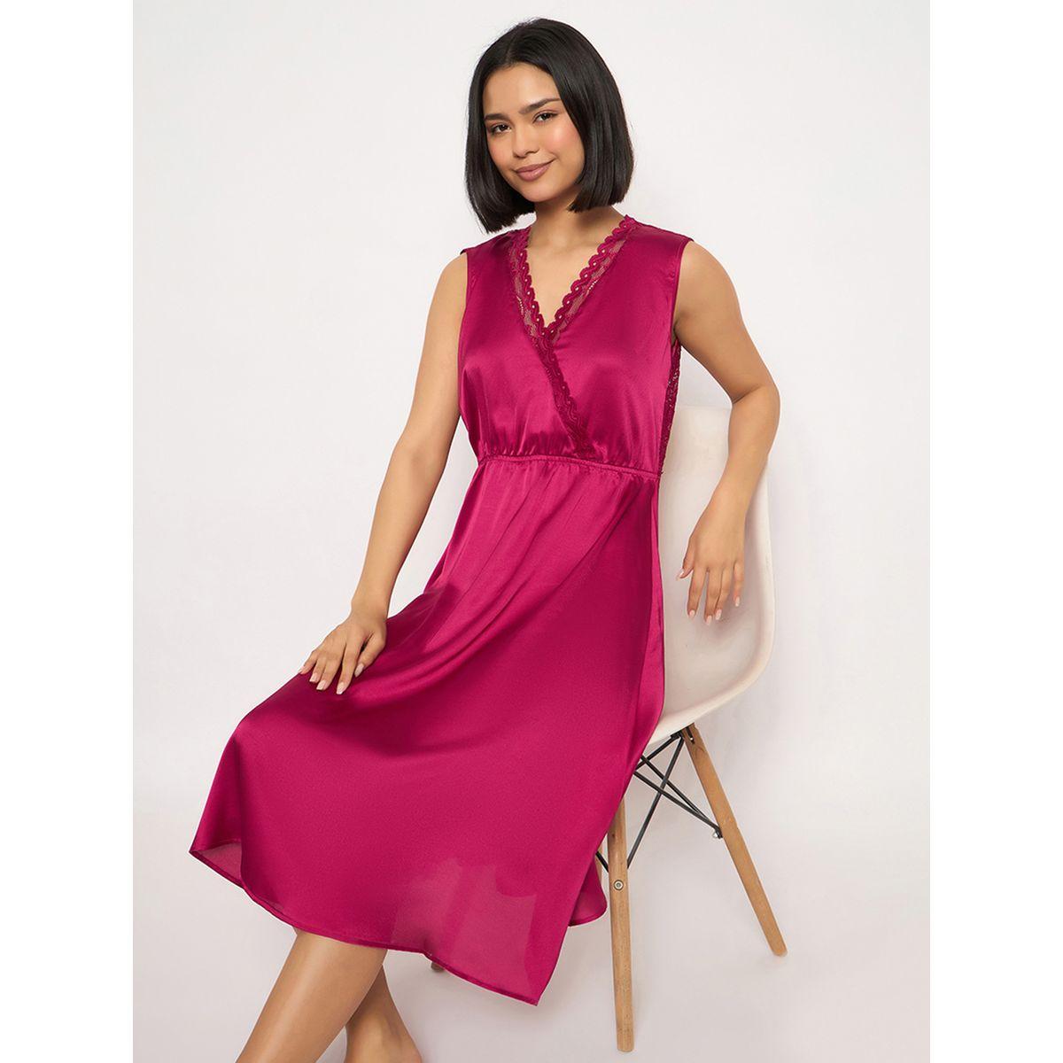 Clovia Solid Lace Detail Open Back Satin Nightdress-women-clothing-nightwear-nighties-image-1