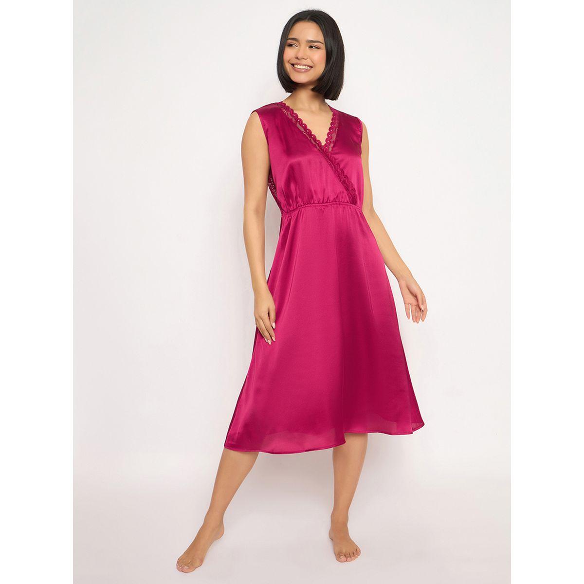 Clovia Solid Lace Detail Open Back Satin Nightdress-women-clothing-nightwear-nighties-image-2