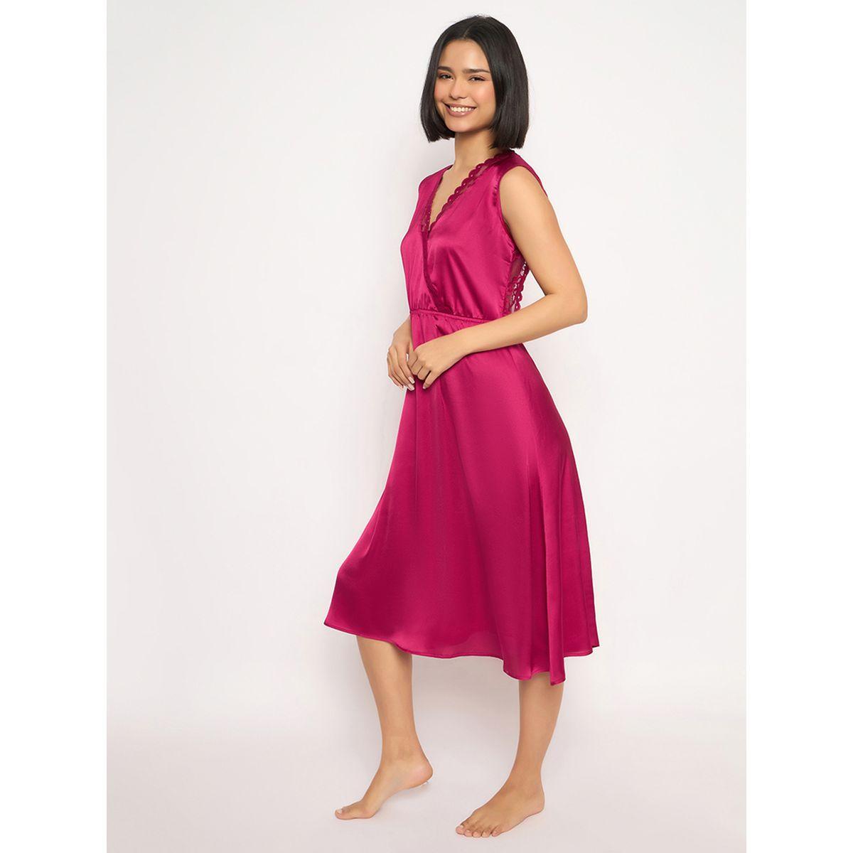 Clovia Solid Lace Detail Open Back Satin Nightdress-women-clothing-nightwear-nighties-image-4