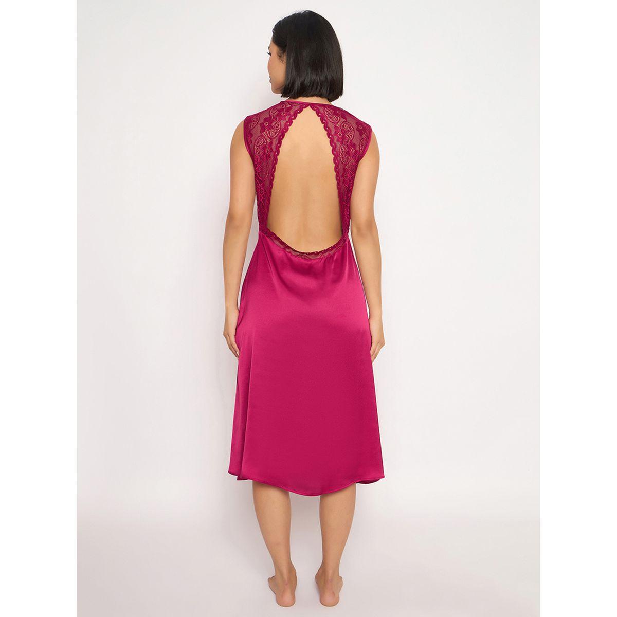 Clovia Solid Lace Detail Open Back Satin Nightdress-women-clothing-nightwear-nighties-image-6