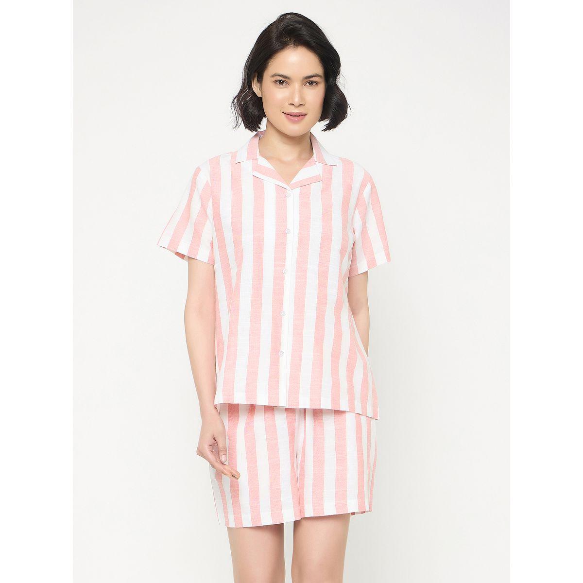 Clovia Striped Short Sleeve Cotton Shirt and Shorts Set-women-clothing-nightwear-pyjamas-shortsets-image-1