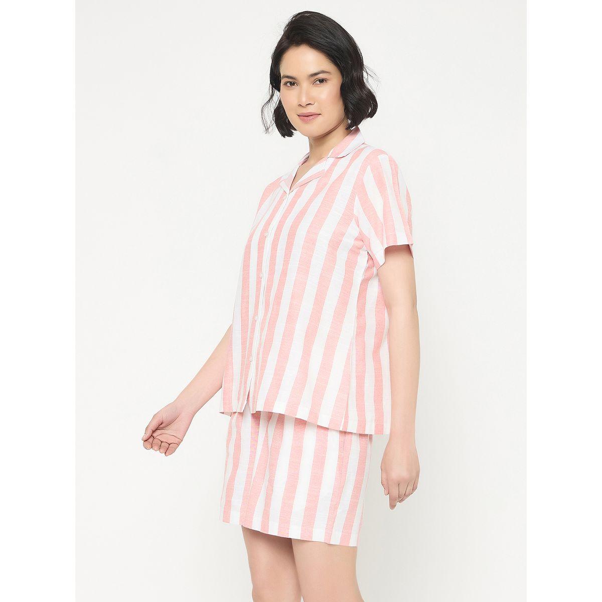 Clovia Striped Short Sleeve Cotton Shirt and Shorts Set-women-clothing-nightwear-pyjamas-shortsets-image-3