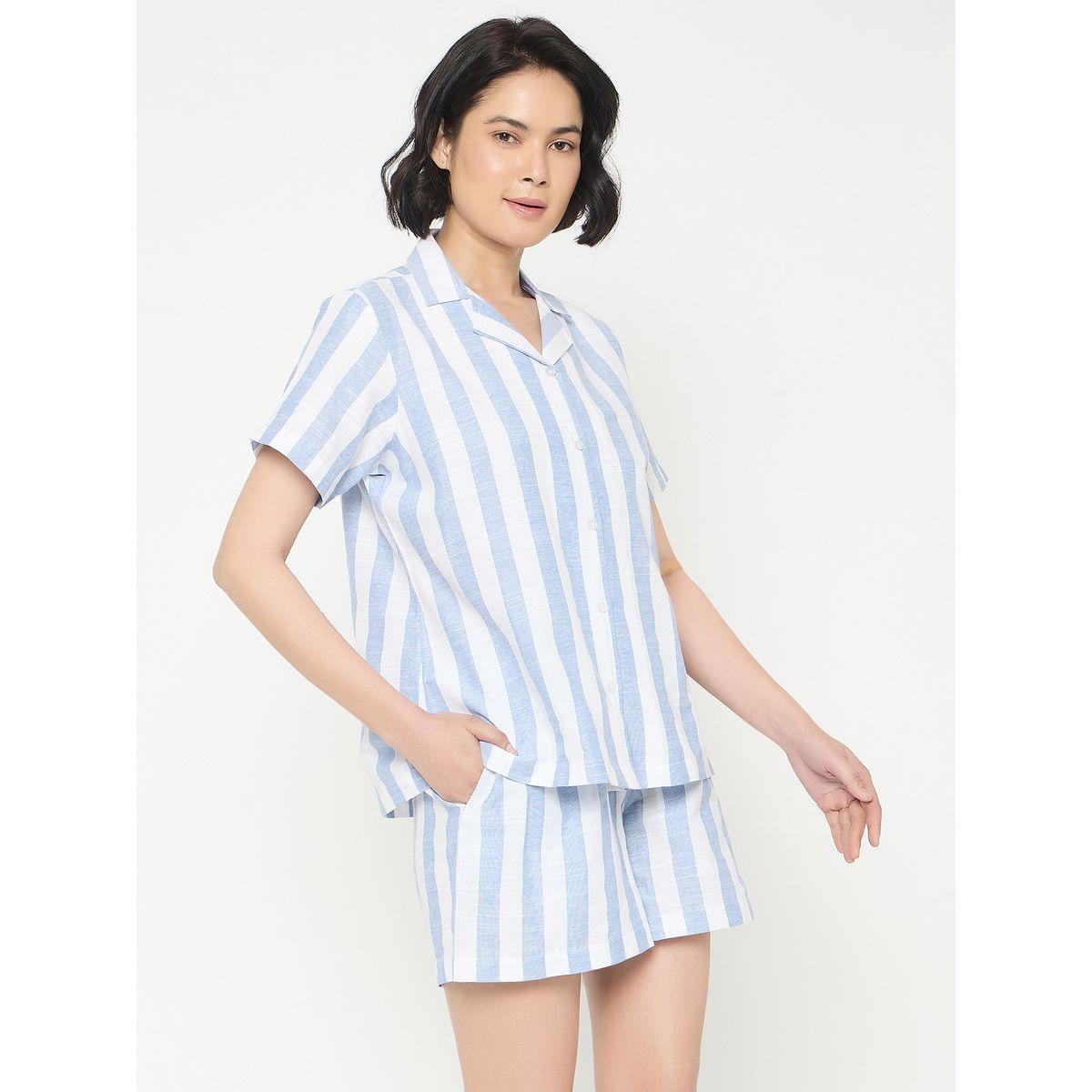 Clovia Striped Button-Down Cotton Shirt and Shorts Set-women-clothing-nightwear-pyjamas-shortsets-image-1
