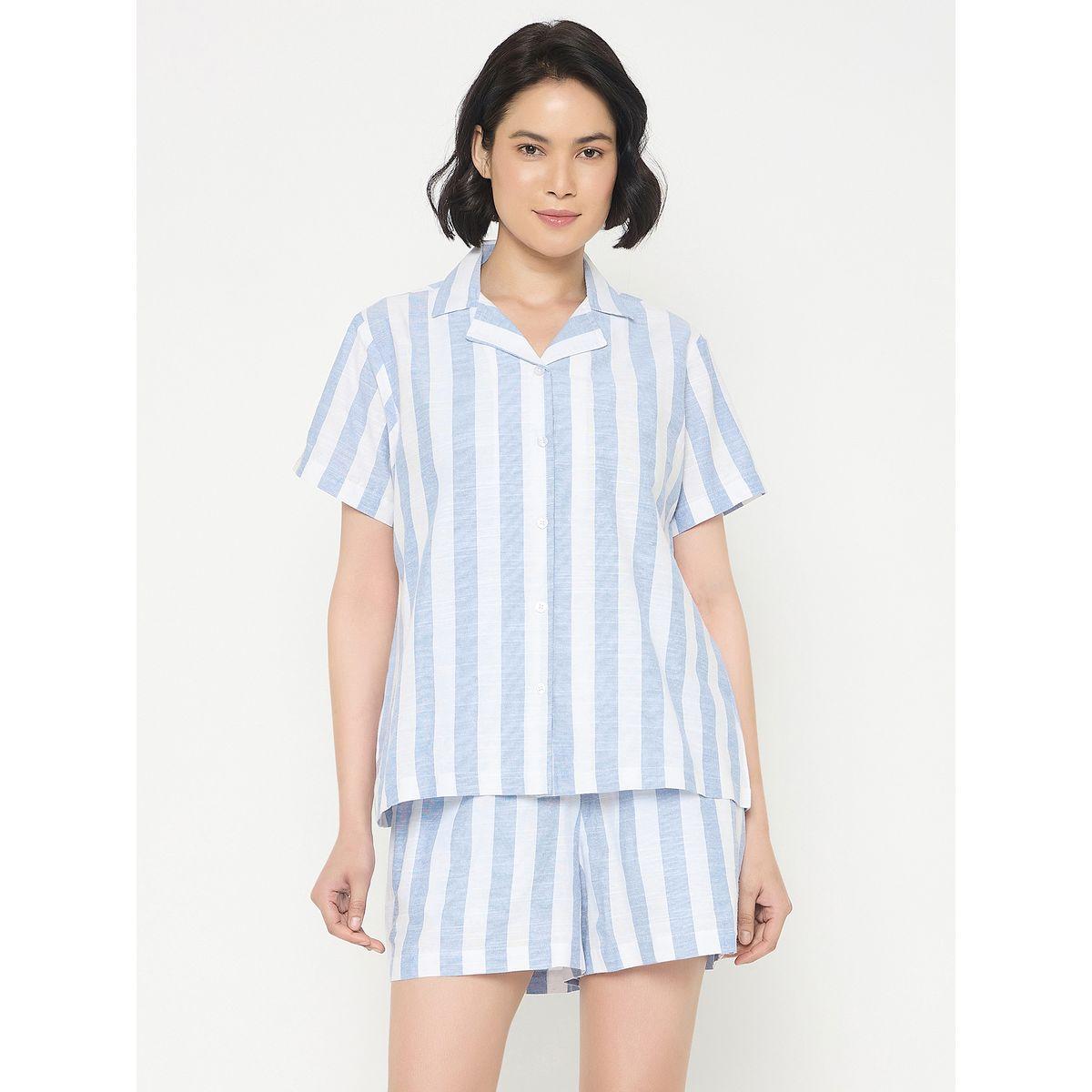 Clovia Striped Button-Down Cotton Shirt and Shorts Set-women-clothing-nightwear-pyjamas-shortsets-image-4