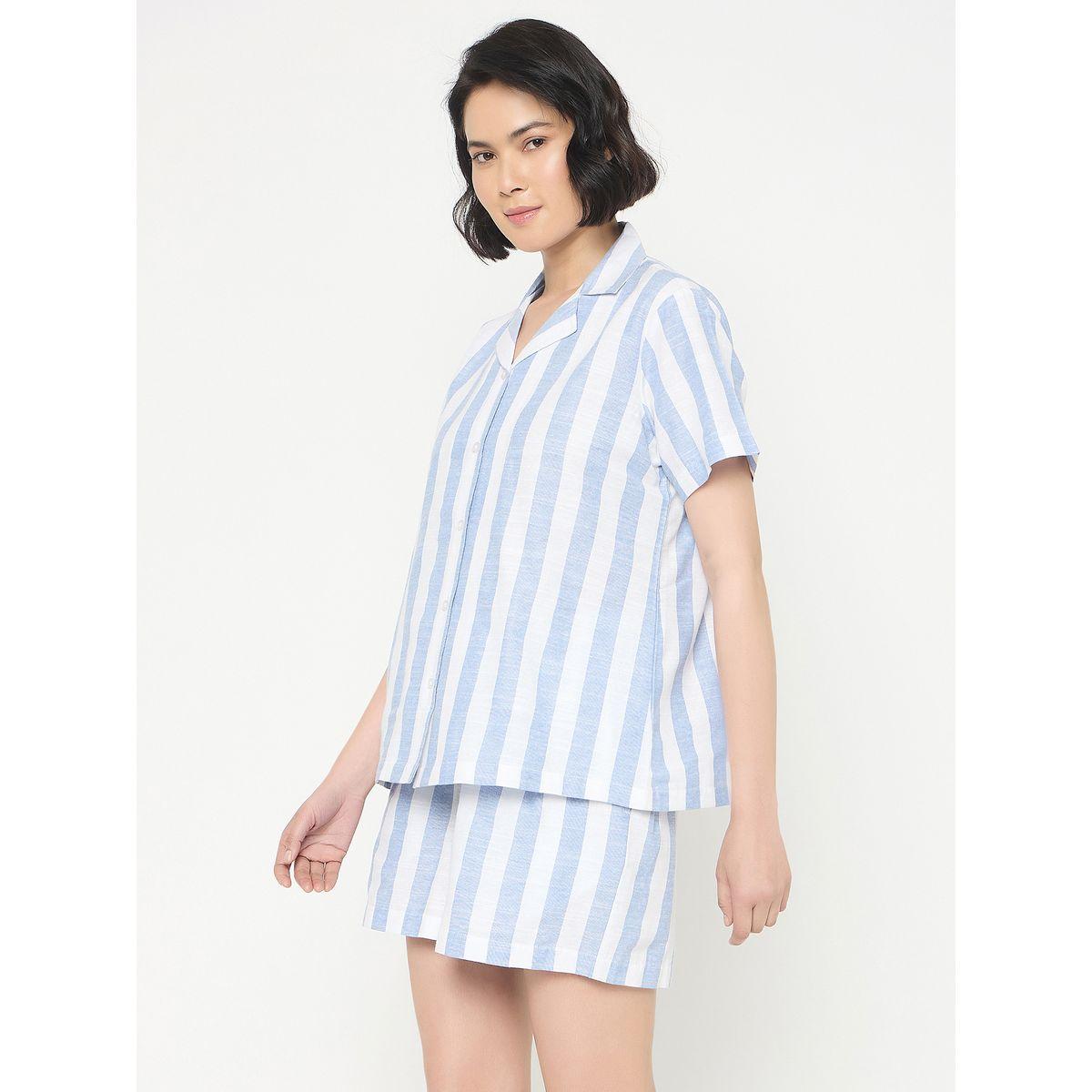 Clovia Striped Button-Down Cotton Shirt and Shorts Set-women-clothing-nightwear-pyjamas-shortsets-image-5