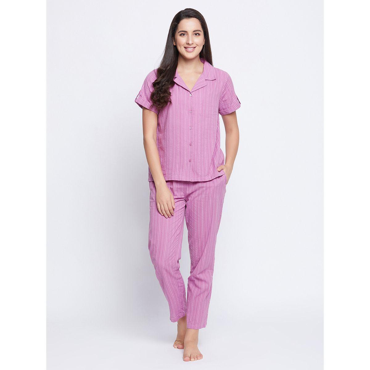 Clovia Striped Button Down Shirt and Pyjama Set-women-clothing-nightwear-pyjamas-longsets-image-1