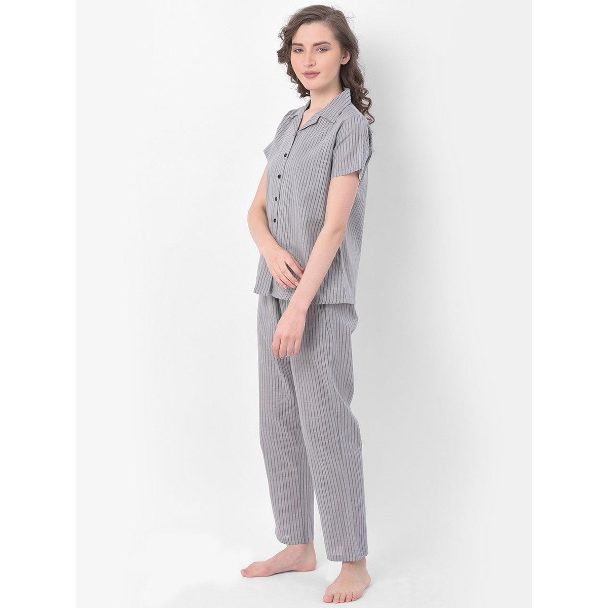 Clovia Striped Button Down Shirt and Pyjama Set-women-clothing-nightwear-pyjamas-longsets-image-2