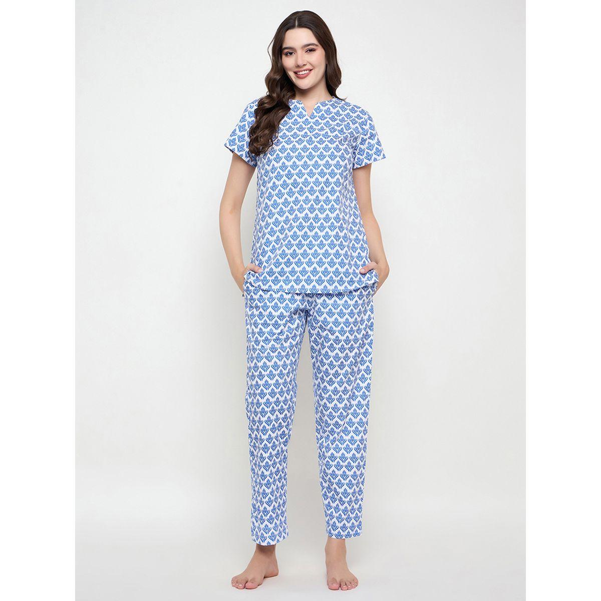 طقم بيجاما من بنطال وبلوزة بطبعات وياقة بشق-women-clothing-nightwear-pyjamas-longsets-image-2