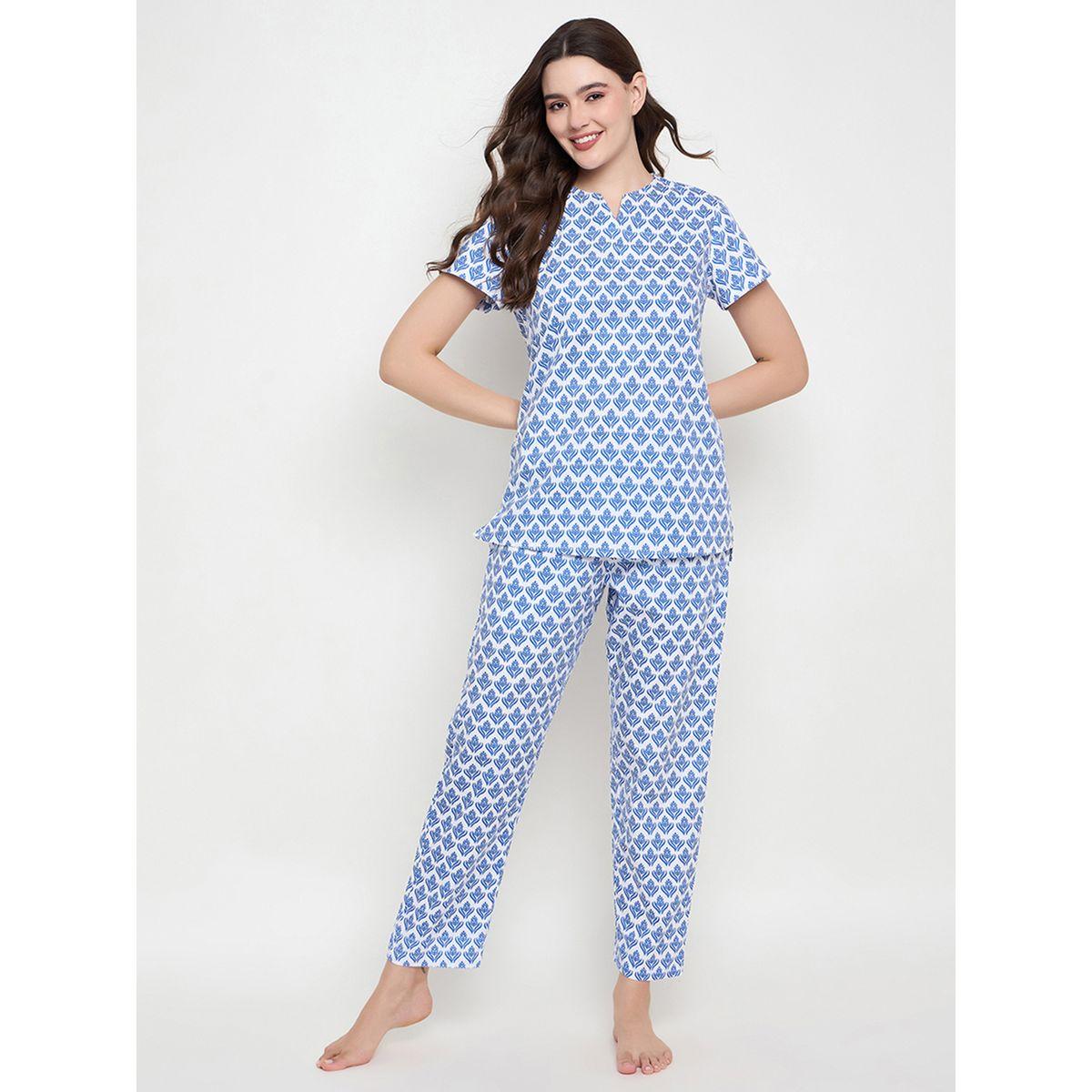 طقم بيجاما من بنطال وبلوزة بطبعات وياقة بشق-women-clothing-nightwear-pyjamas-longsets-image-3
