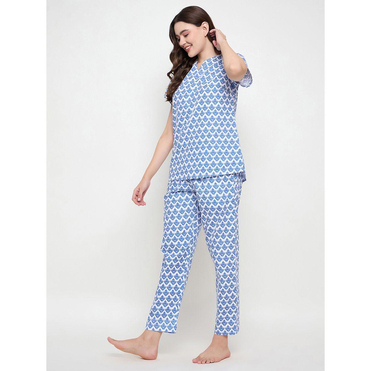 طقم بيجاما من بنطال وبلوزة بطبعات وياقة بشق-women-clothing-nightwear-pyjamas-longsets-image-4