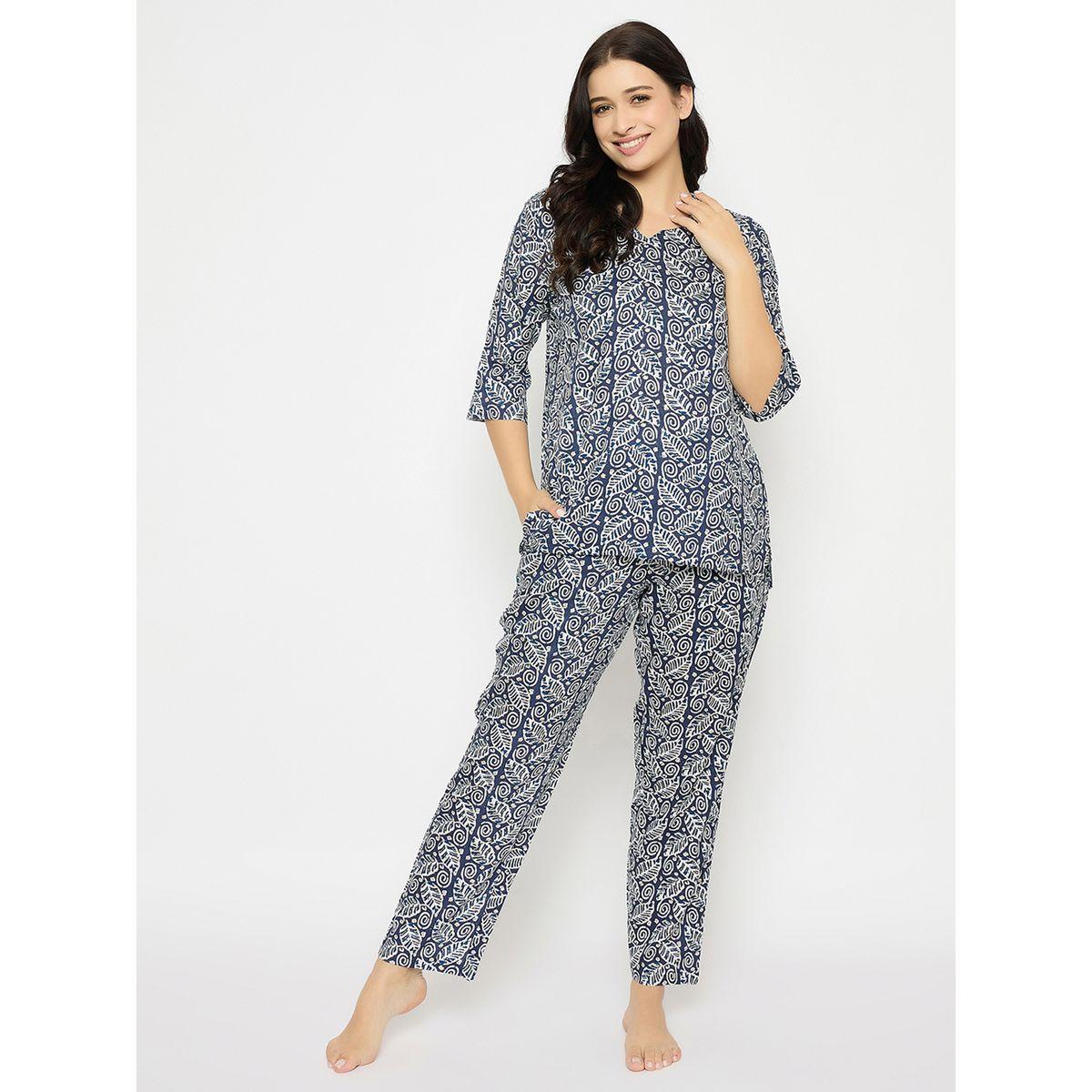 Clovia Leaf Print V-Neck Top and Pyjama Set-women-clothing-nightwear-pyjamas-longsets-image-3