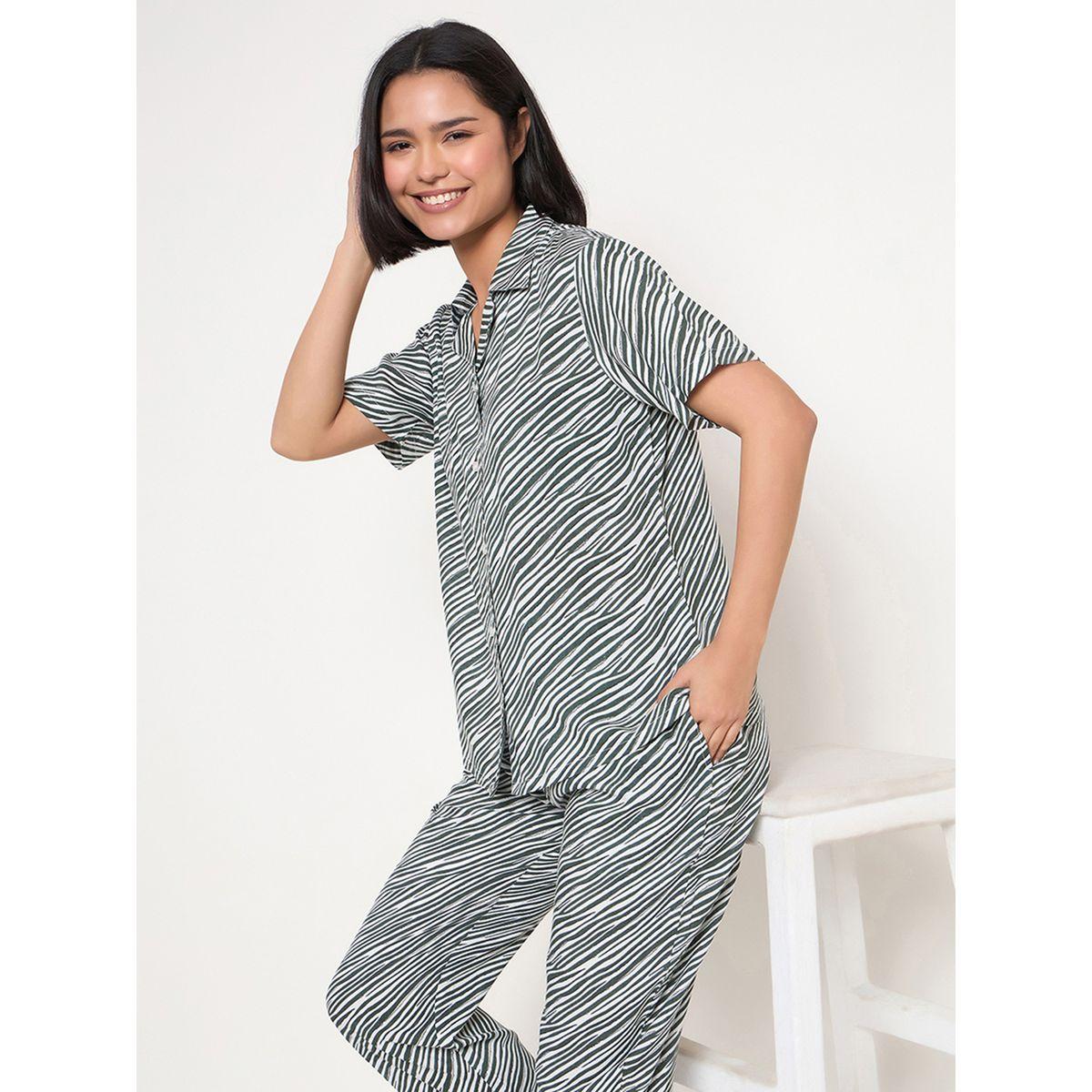Clovia Zebra Print Button Down Shirt and Pyjama Set-women-clothing-nightwear-pyjamas-longsets-image-1