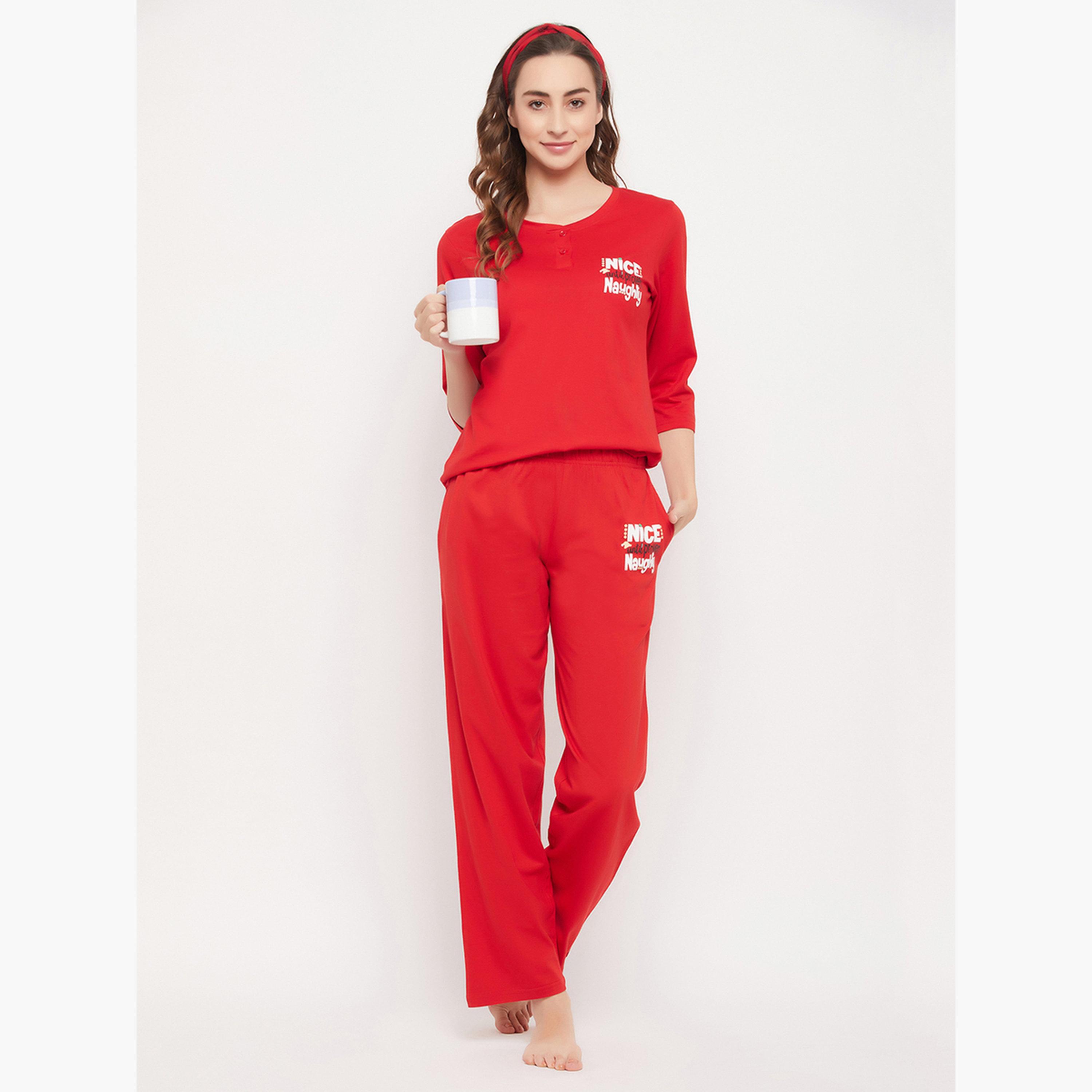Clovia Text Print Cotton Top and Pyjama Set-women-clothing-nightwear-pyjamas-longsets-image-2