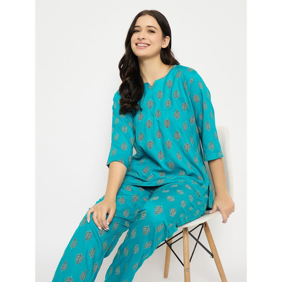 Clovia Leaf Print Notch Neck Top and Pyjama Set-women-clothing-nightwear-pyjamas-longsets-image-1