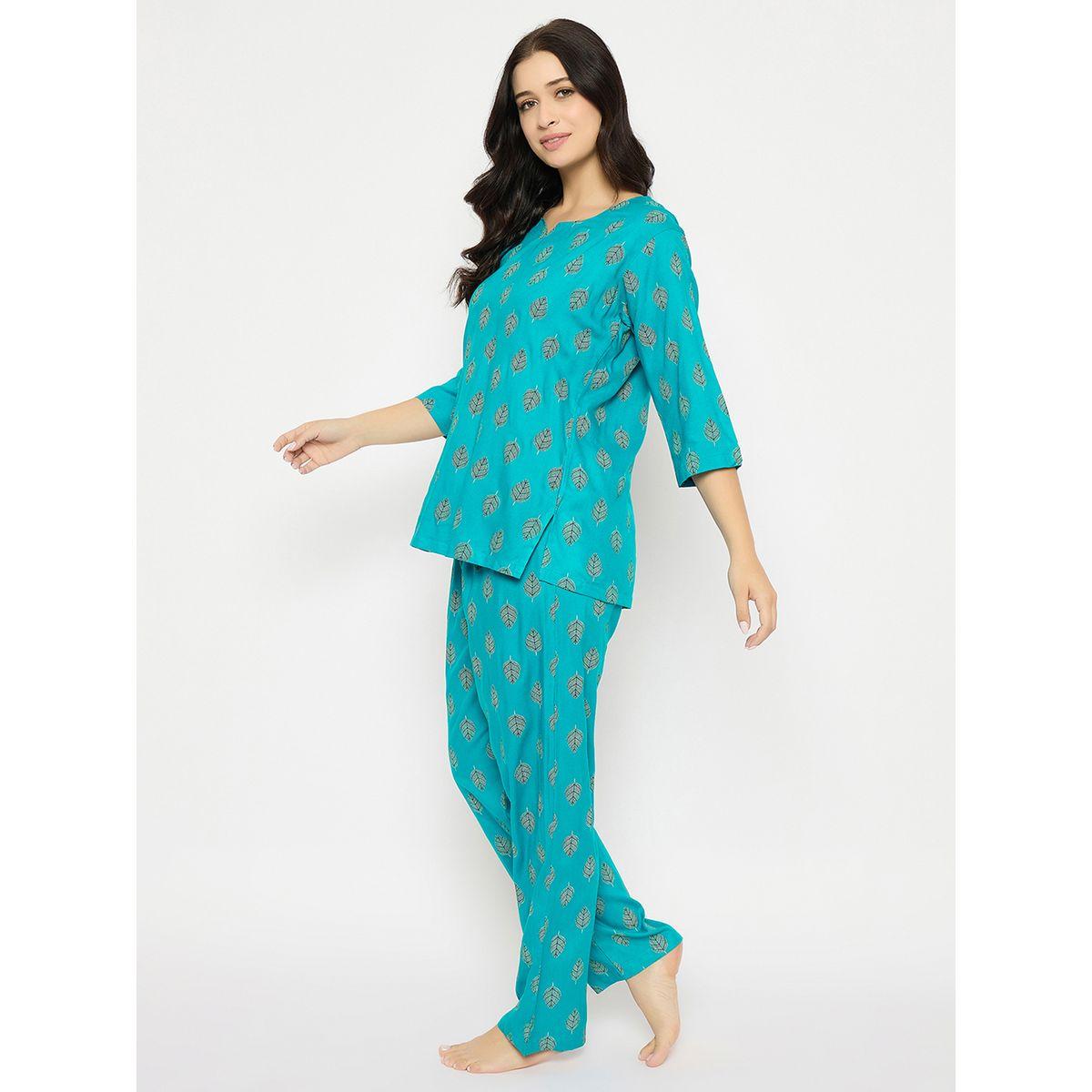 Clovia Leaf Print Notch Neck Top and Pyjama Set-women-clothing-nightwear-pyjamas-longsets-image-4