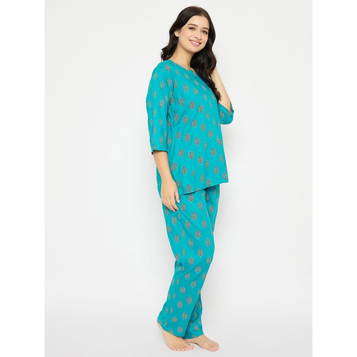 Clovia Leaf Print Notch Neck Top and Pyjama Set-women-clothing-nightwear-pyjamas-longsets-image-5