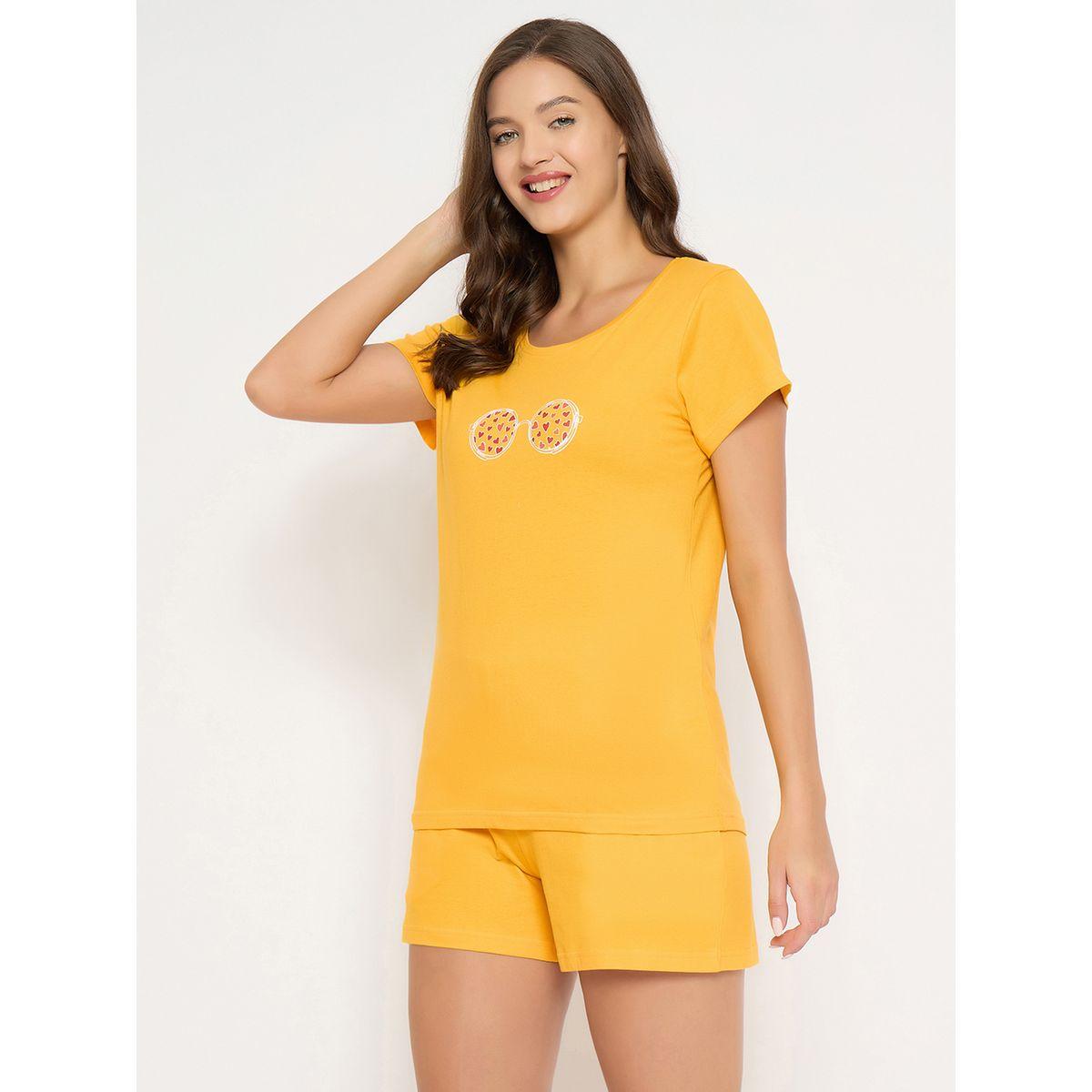 Clovia Women Yellow Graphic Print Cotton Top and Shorts Set-women-clothing-nightwear-pyjamas-shortsets-image-3