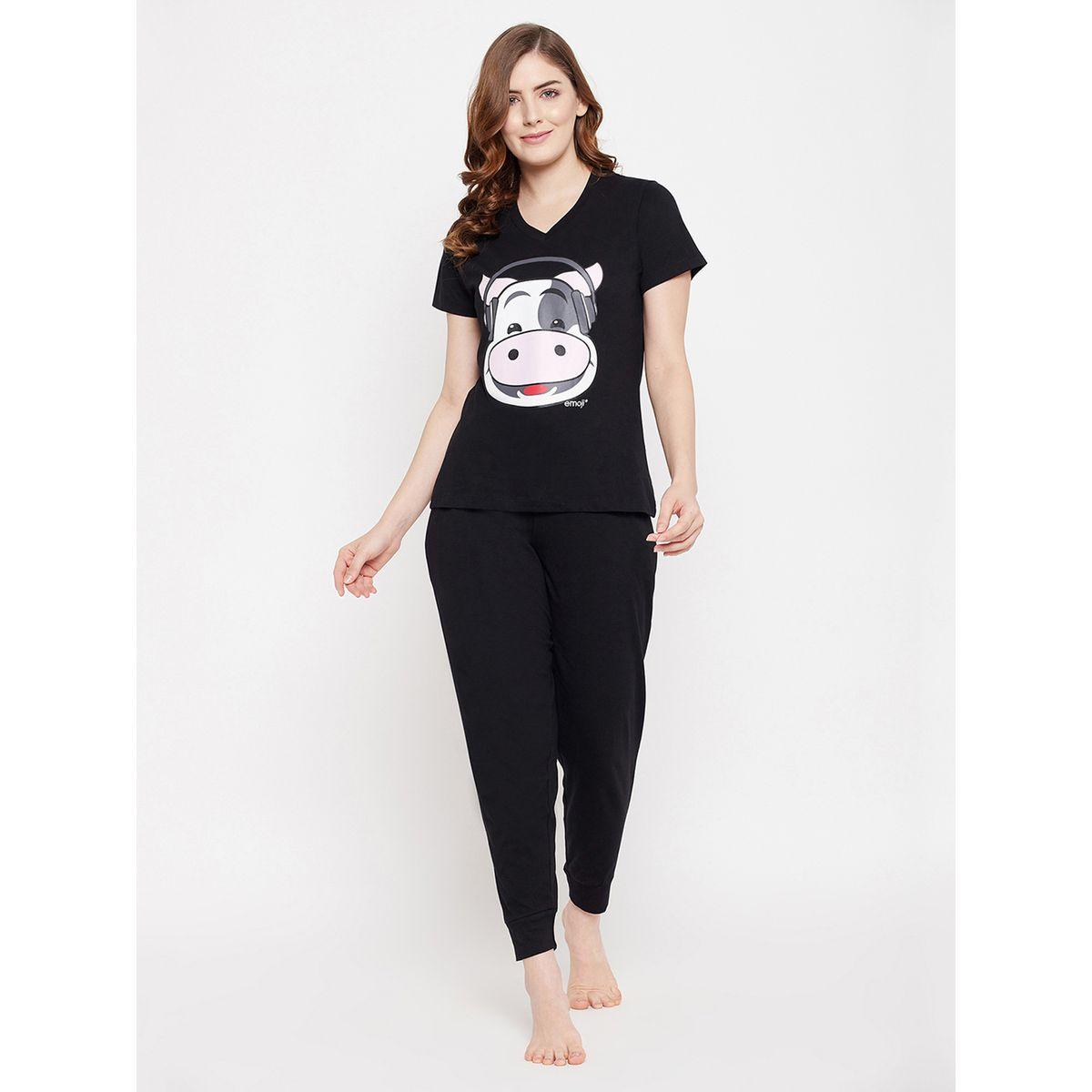 Clovia Graphic Print V Neck Cotton T-Shirt and Solid Joggers Set-women-clothing-nightwear-pyjamas-longsets-image-1