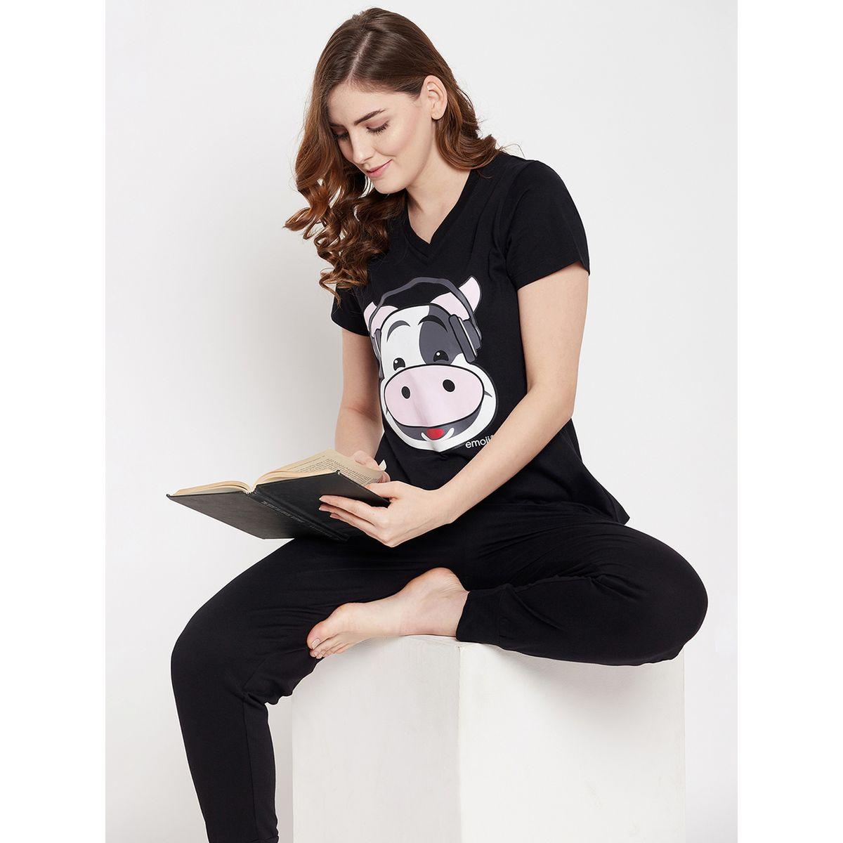 Clovia Graphic Print V Neck Cotton T-Shirt and Solid Joggers Set-women-clothing-nightwear-pyjamas-longsets-image-2