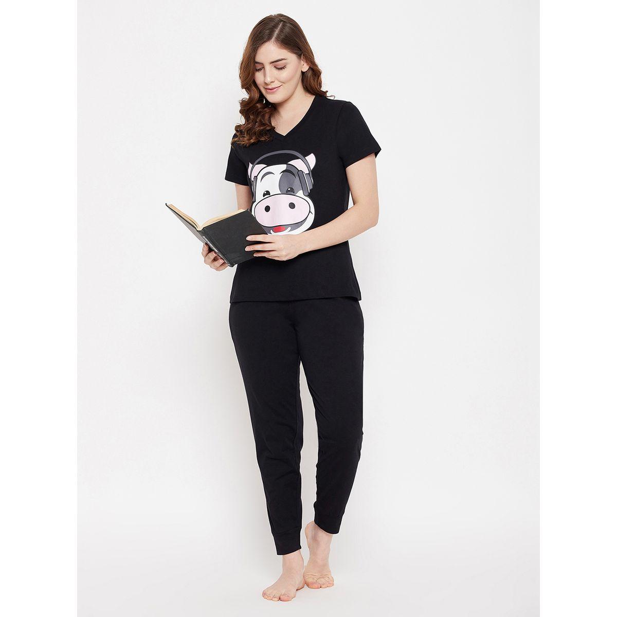 Clovia Graphic Print V Neck Cotton T-Shirt and Solid Joggers Set-women-clothing-nightwear-pyjamas-longsets-image-3