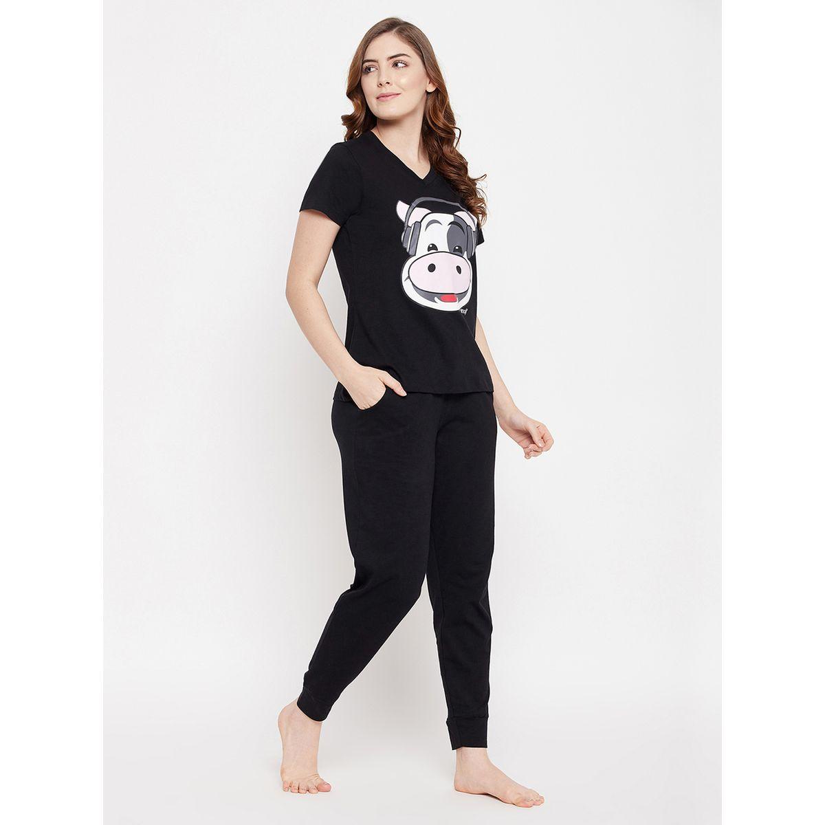 Clovia Graphic Print V Neck Cotton T-Shirt and Solid Joggers Set-women-clothing-nightwear-pyjamas-longsets-image-5