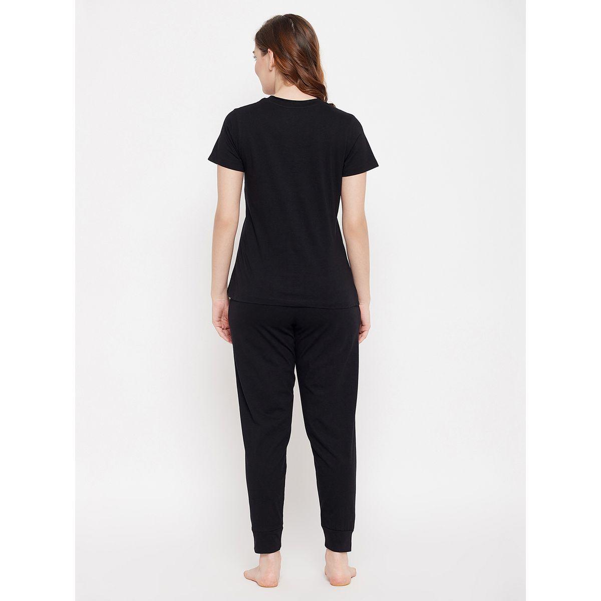Clovia Graphic Print V Neck Cotton T-Shirt and Solid Joggers Set-women-clothing-nightwear-pyjamas-longsets-image-6