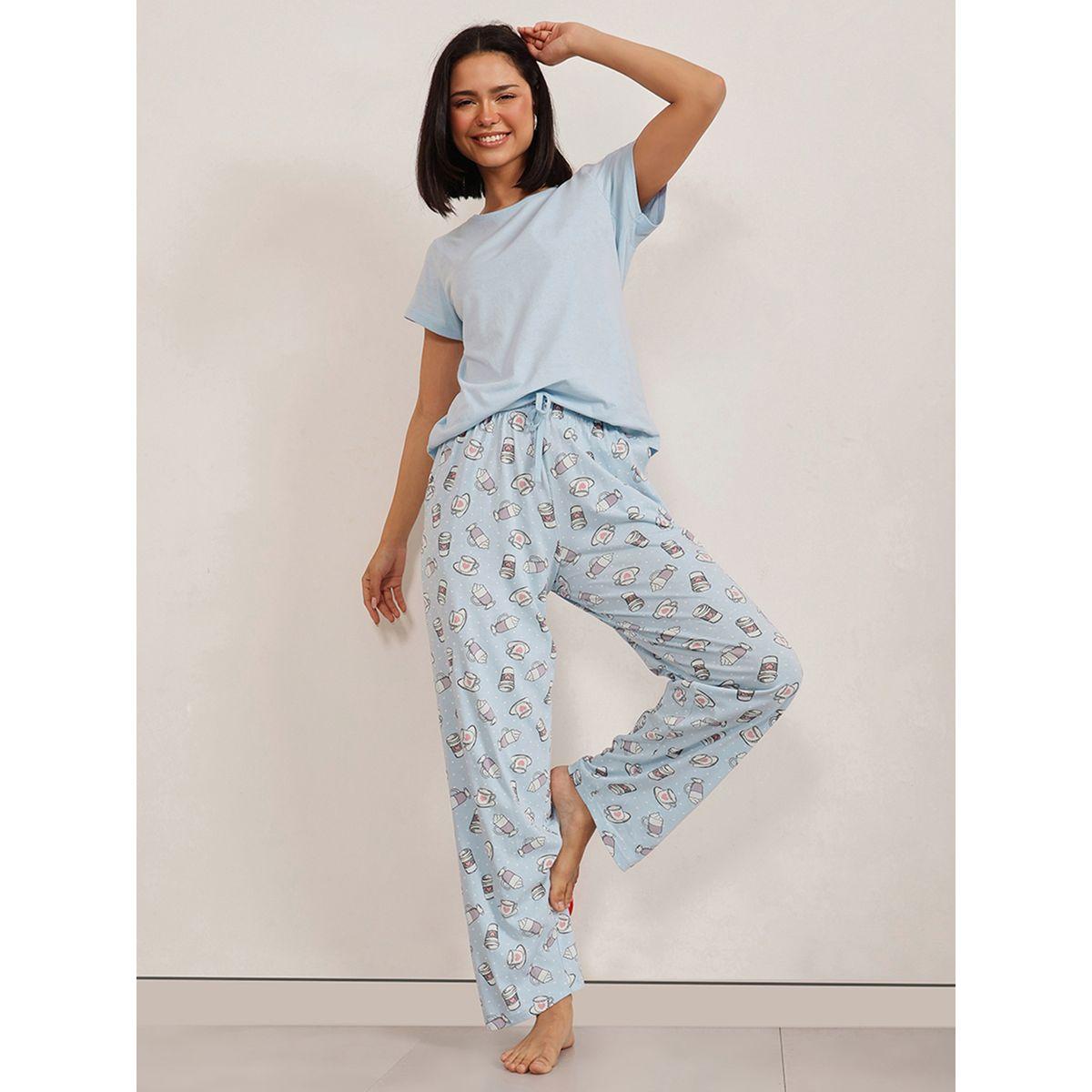 طقم بيجاما من بنطال وتيشيرت سادة بياقة دائرية-women-clothing-nightwear-pyjamas-longsets-image-7