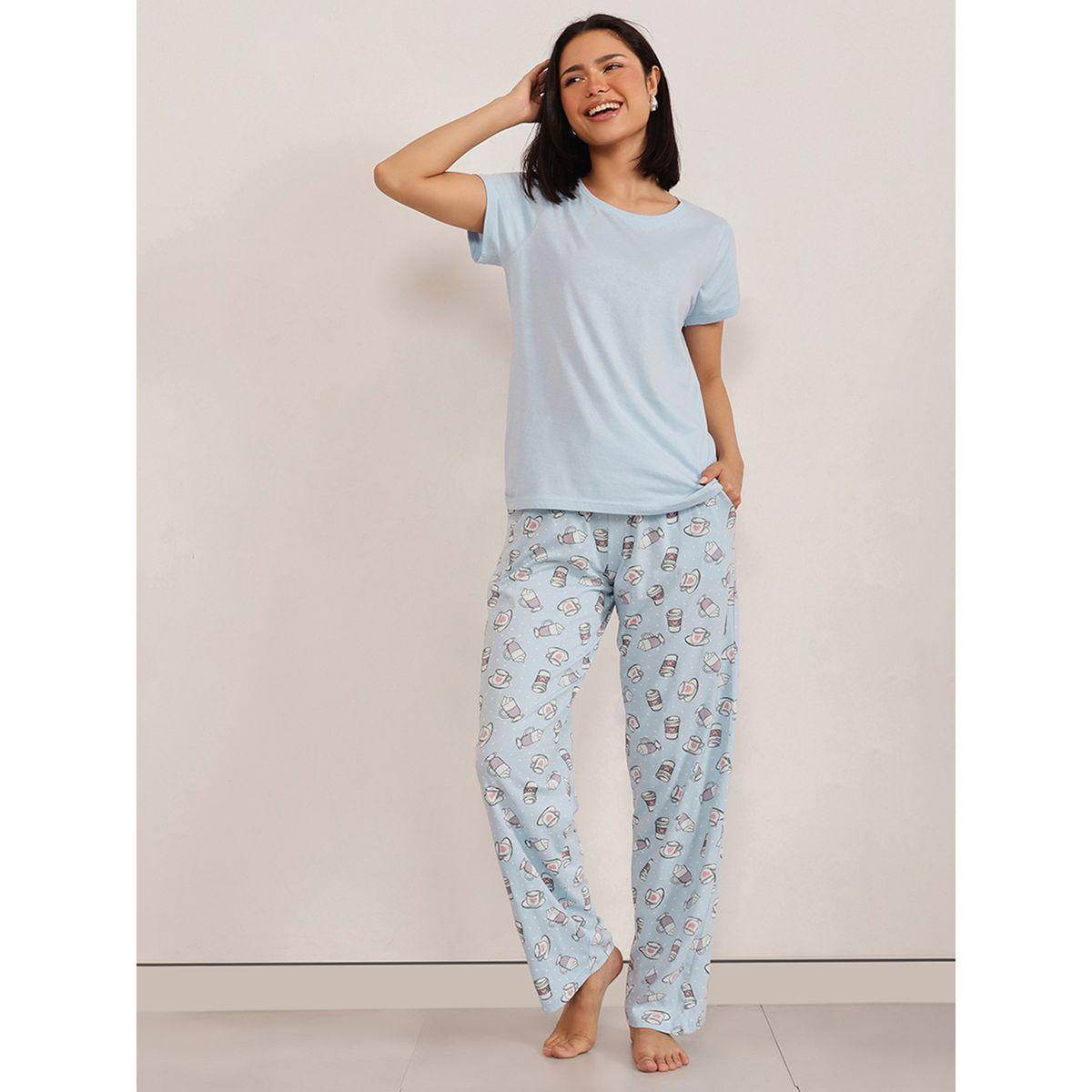 طقم بيجاما من بنطال وتيشيرت سادة بياقة دائرية-women-clothing-nightwear-pyjamas-longsets-image-6