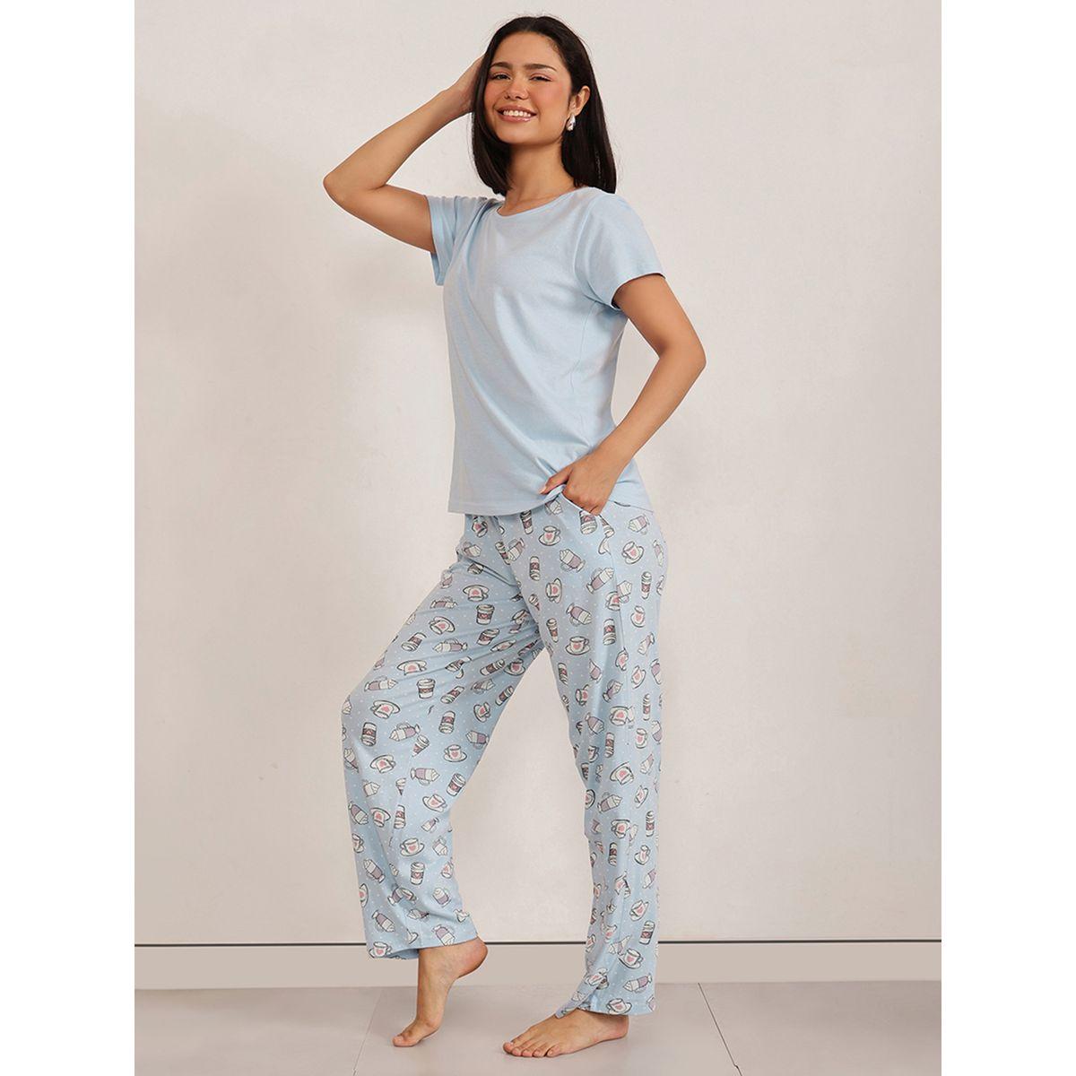 Clovia Solid Round Neck T-Shirt and Printed Pyjama Set-women-clothing-nightwear-pyjamas-longsets-image-3
