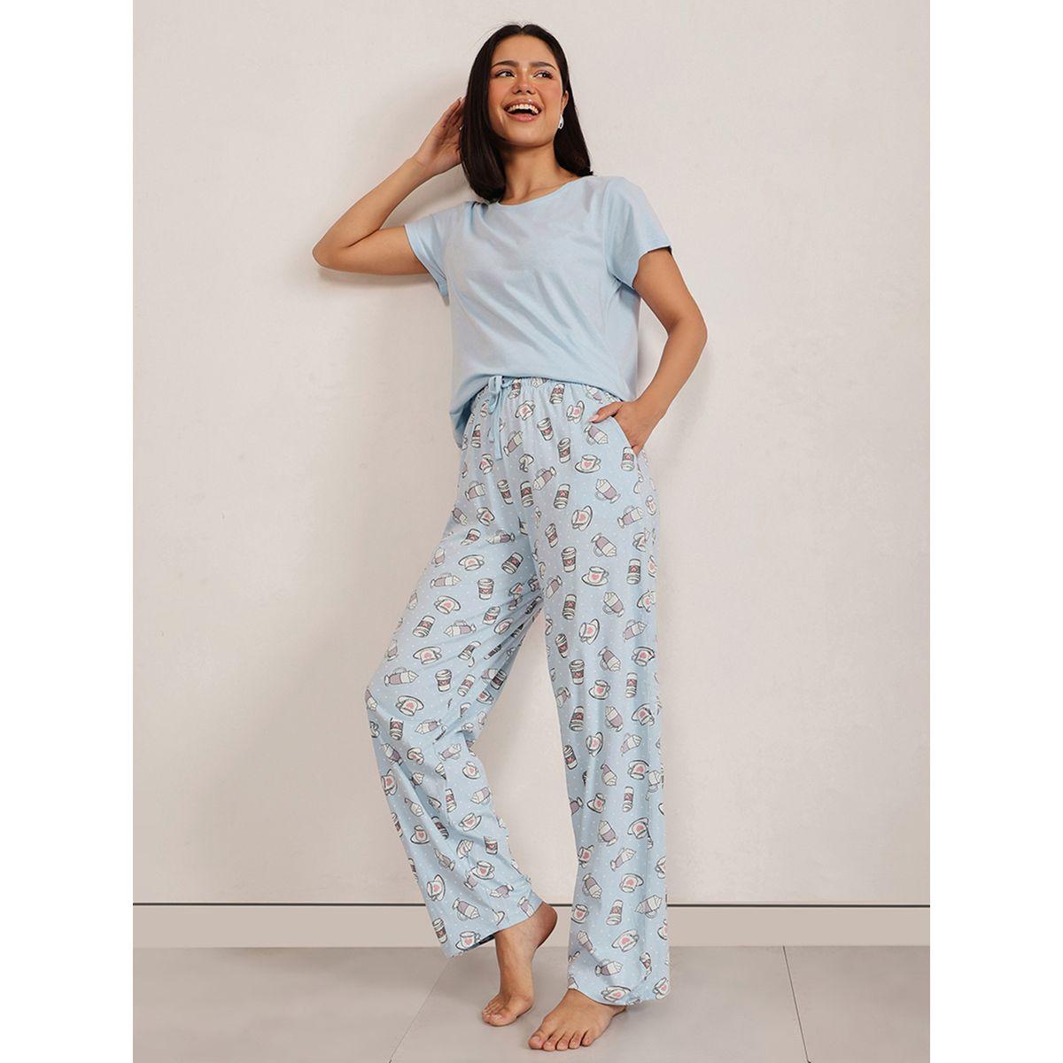 Clovia Solid Round Neck T-Shirt and Printed Pyjama Set-women-clothing-nightwear-pyjamas-longsets-image-4